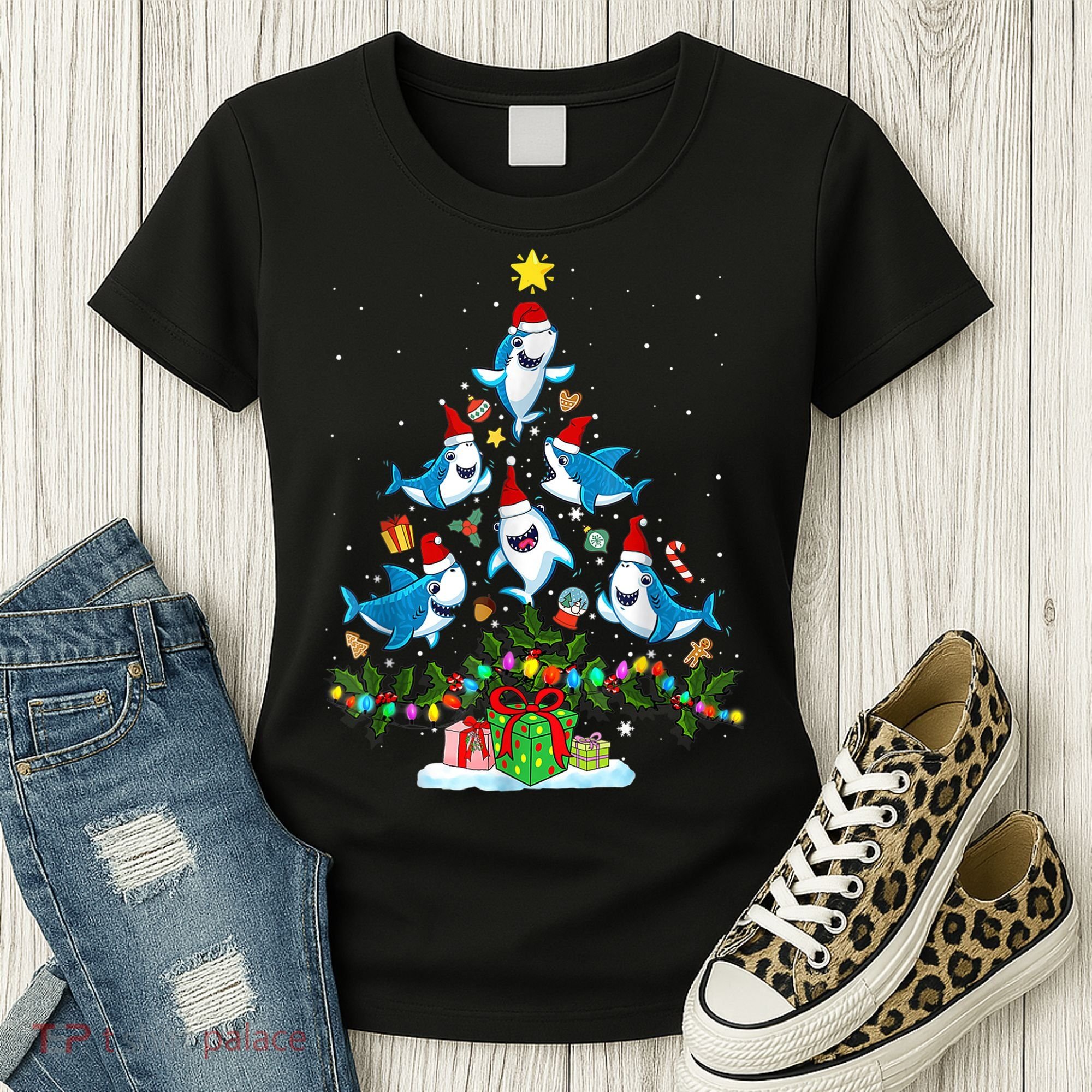 This Is My Christmas Pajama Shirt Funny Christmas Shark Tree Women's T-Shirt