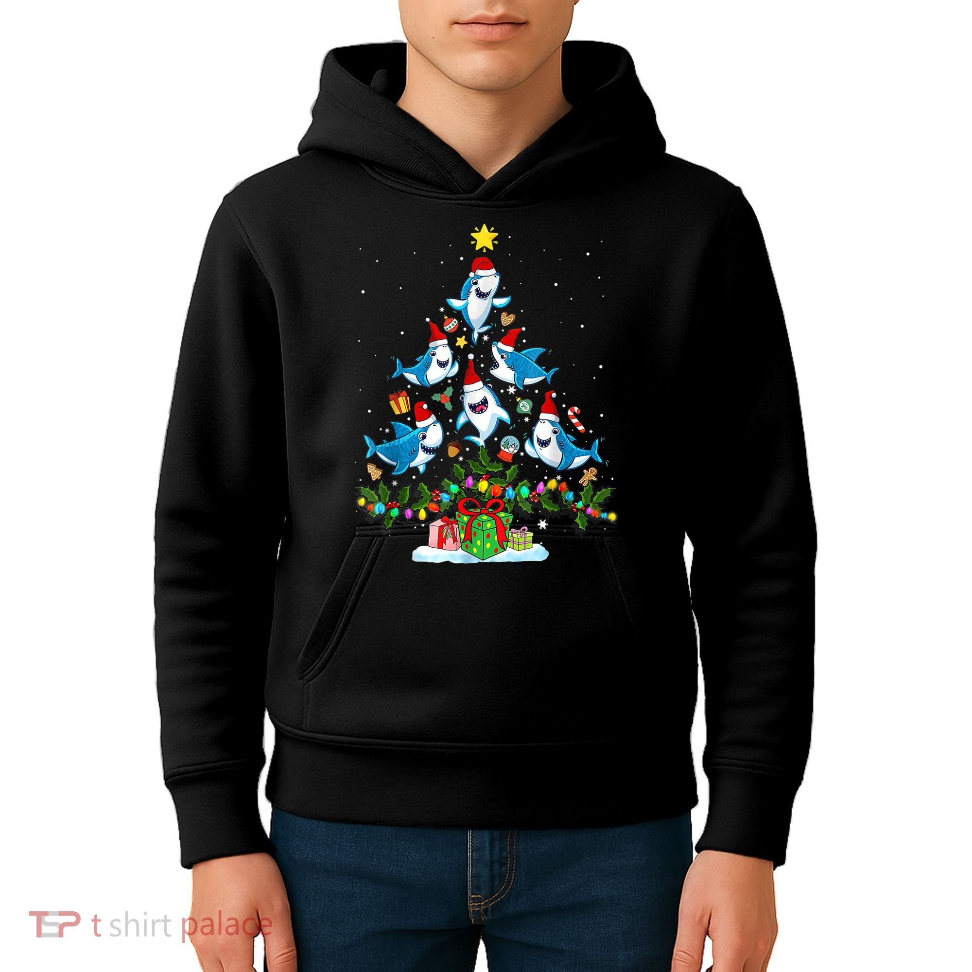 This Is My Christmas Pajama Shirt Funny Christmas Shark Tree Kids Hoodie