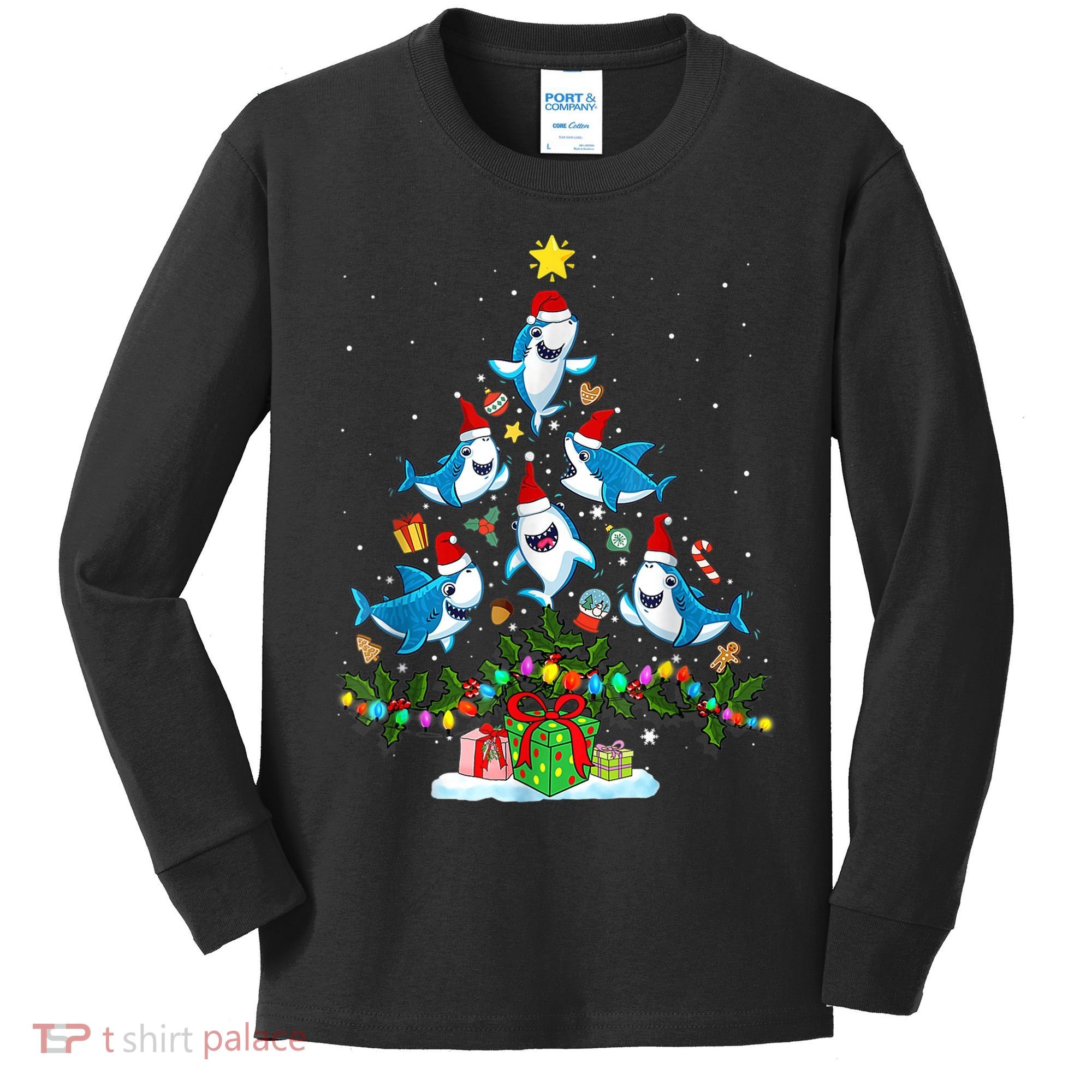 This Is My Christmas Pajama Shirt Funny Christmas Shark Tree Kids Long Sleeve Shirt