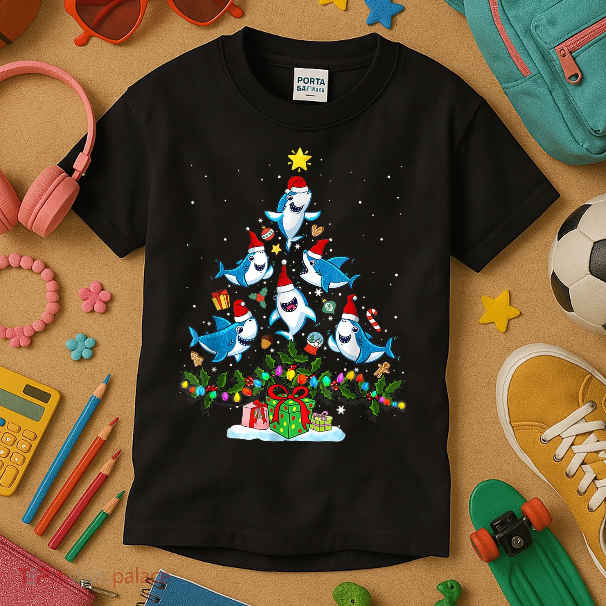 This Is My Christmas Pajama Shirt Funny Christmas Shark Tree Kids T-Shirt