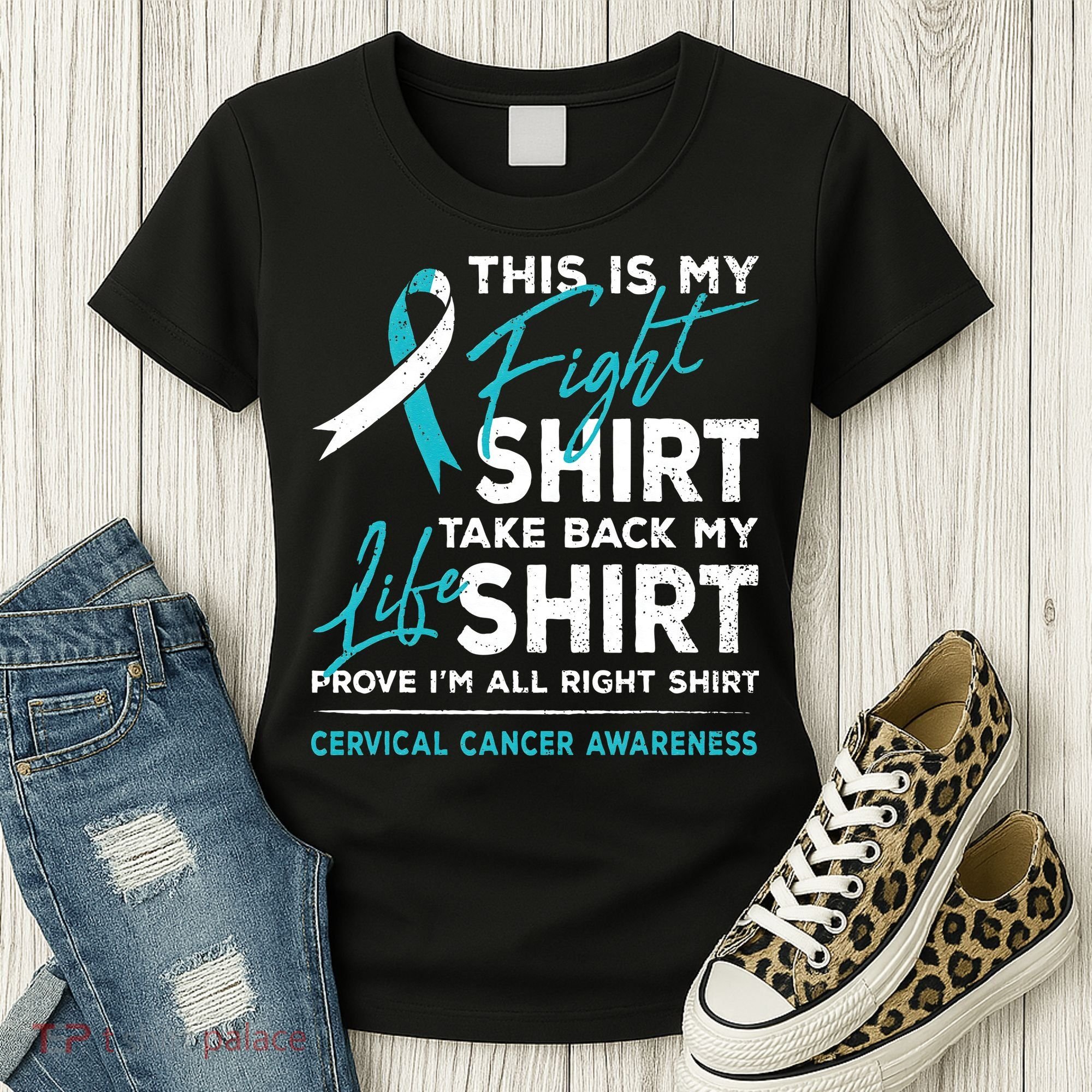 This Is My Fight Cervical Cancer Awareness White Teal Ribbon Women's T-Shirt