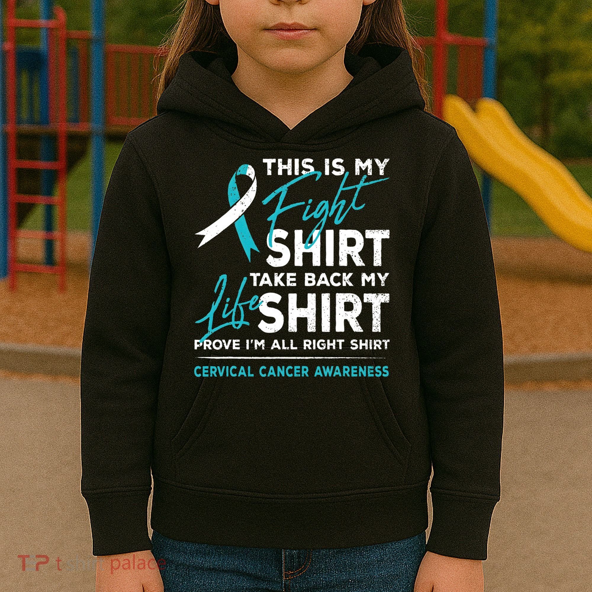 This Is My Fight Cervical Cancer Awareness White Teal Ribbon Kids Hoodie