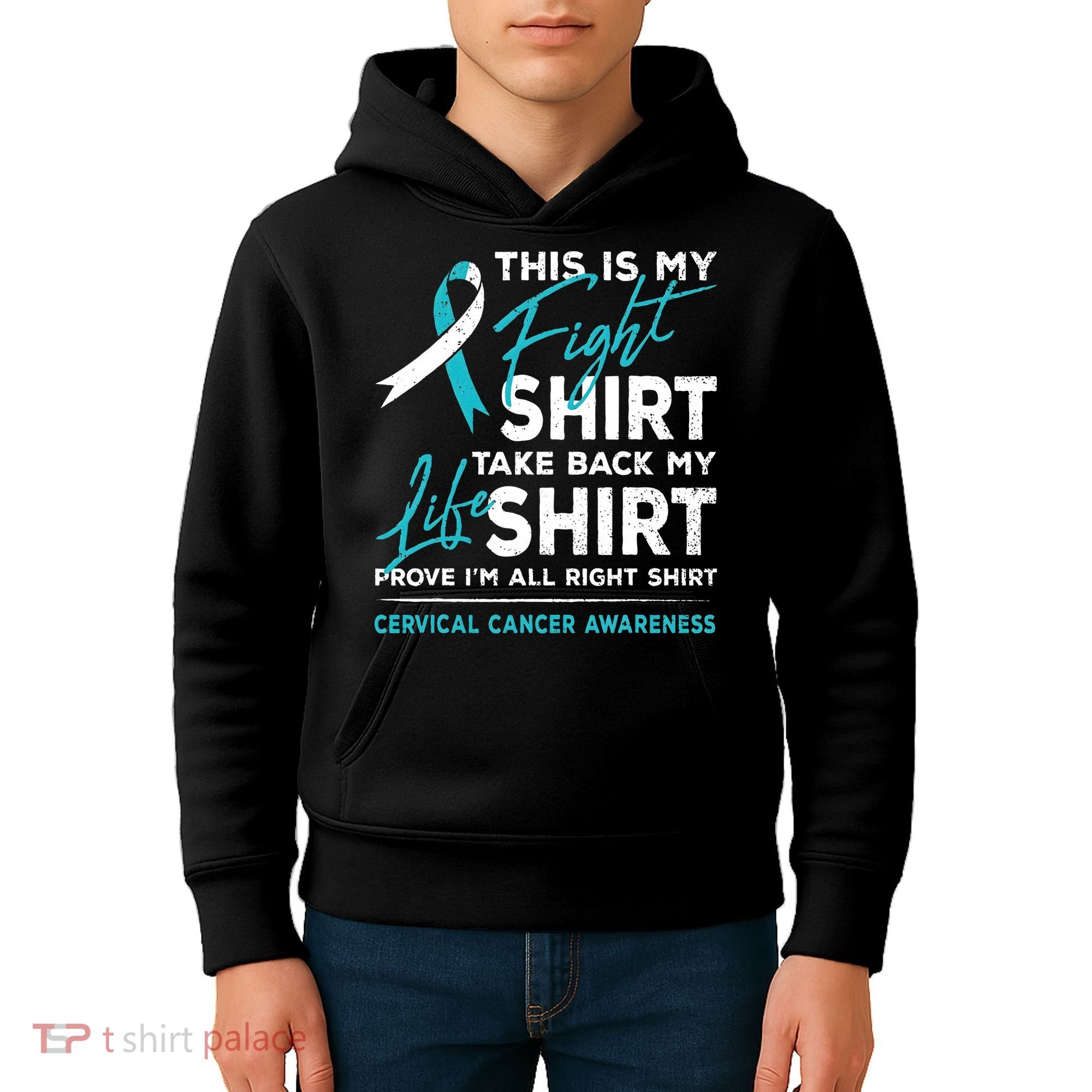 This Is My Fight Cervical Cancer Awareness White Teal Ribbon Kids Hoodie