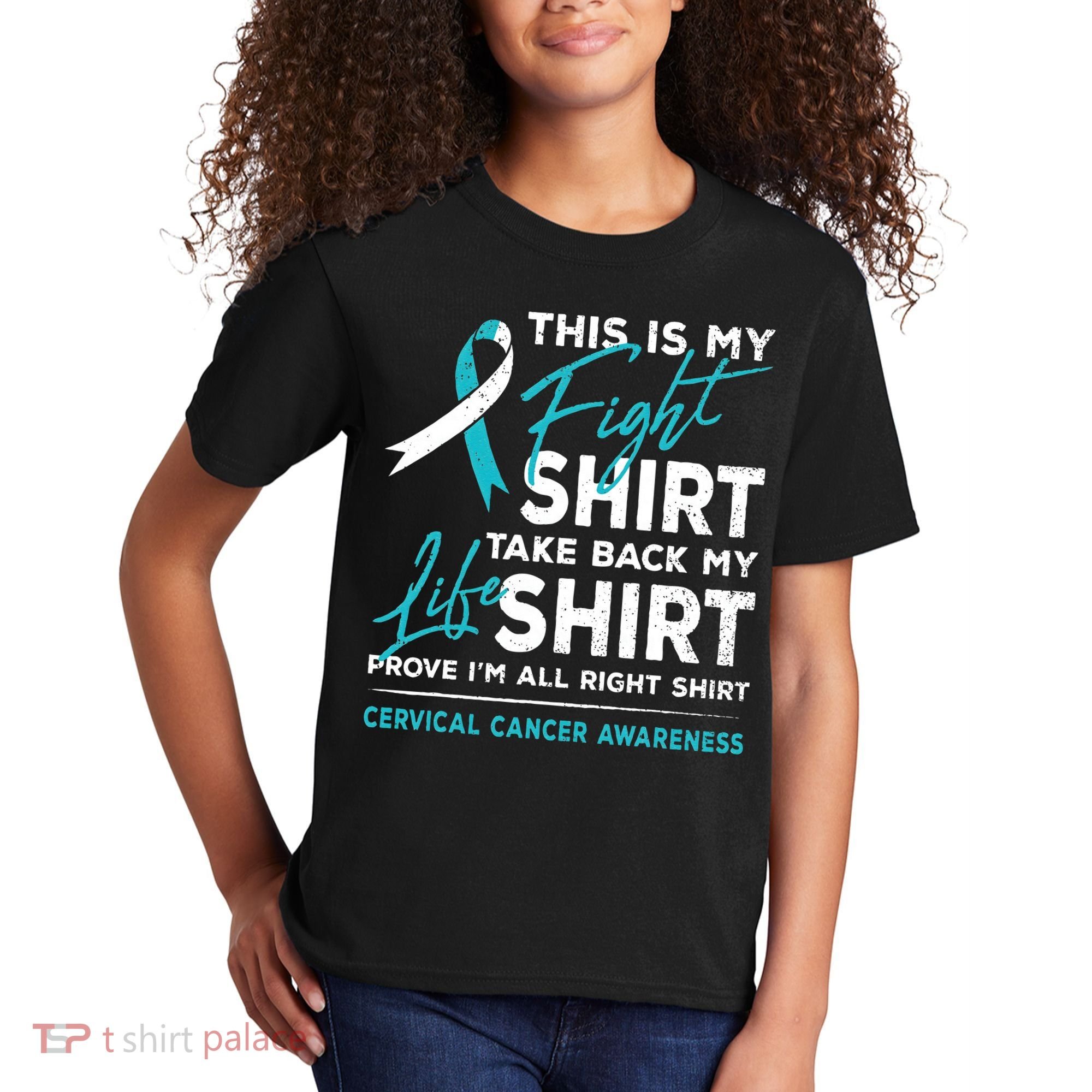 This Is My Fight Cervical Cancer Awareness White Teal Ribbon Kids T-Shirt