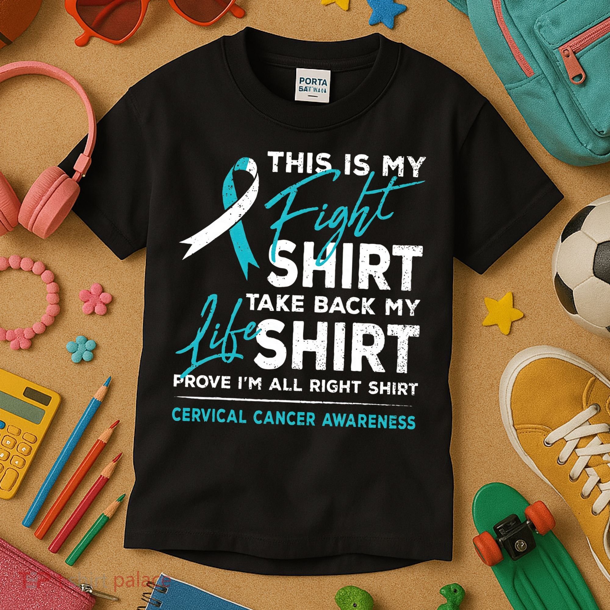 This Is My Fight Cervical Cancer Awareness White Teal Ribbon Kids T-Shirt