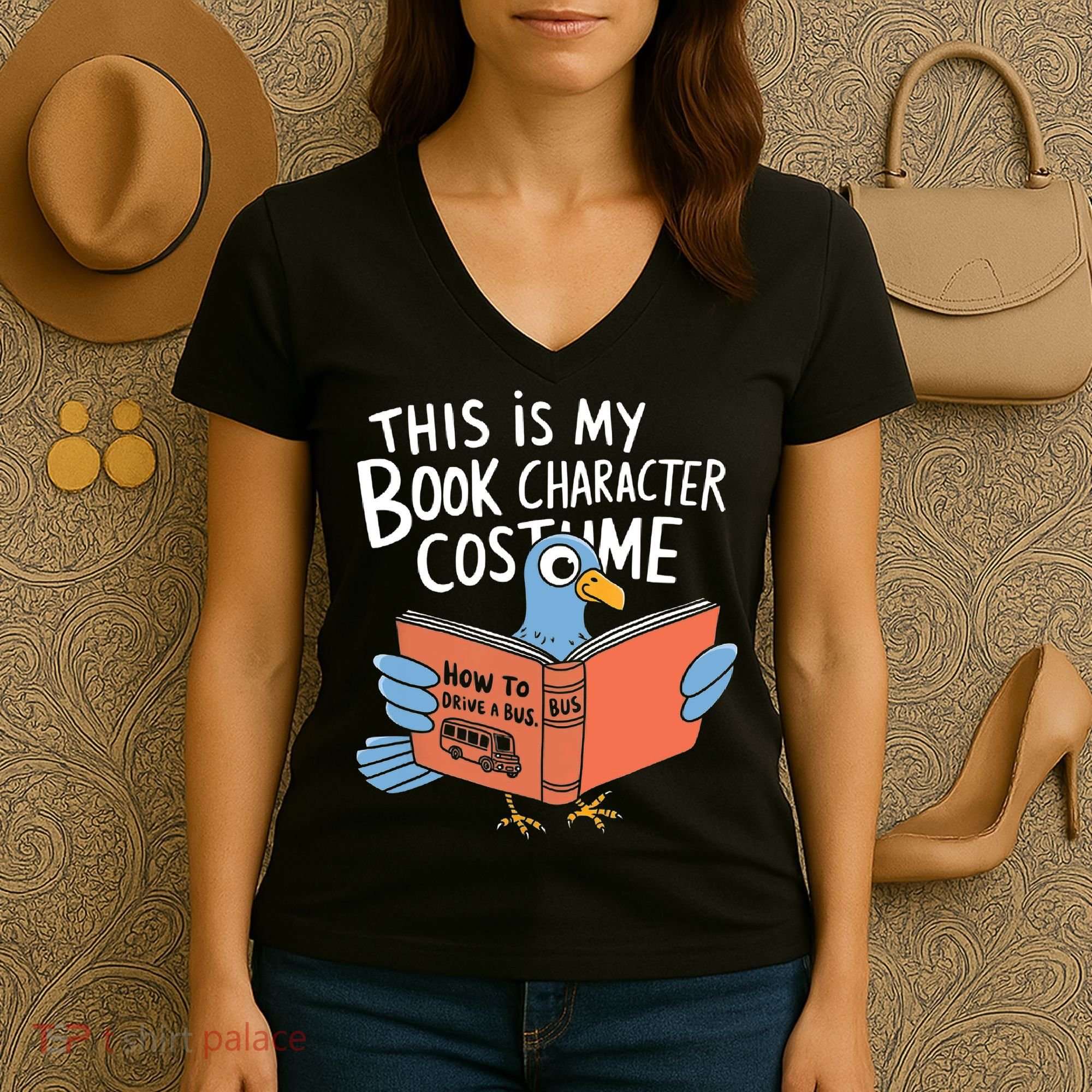 This Is My Book Character Costume Funny Pigeon Reading  Women's V-Neck T-Shirt