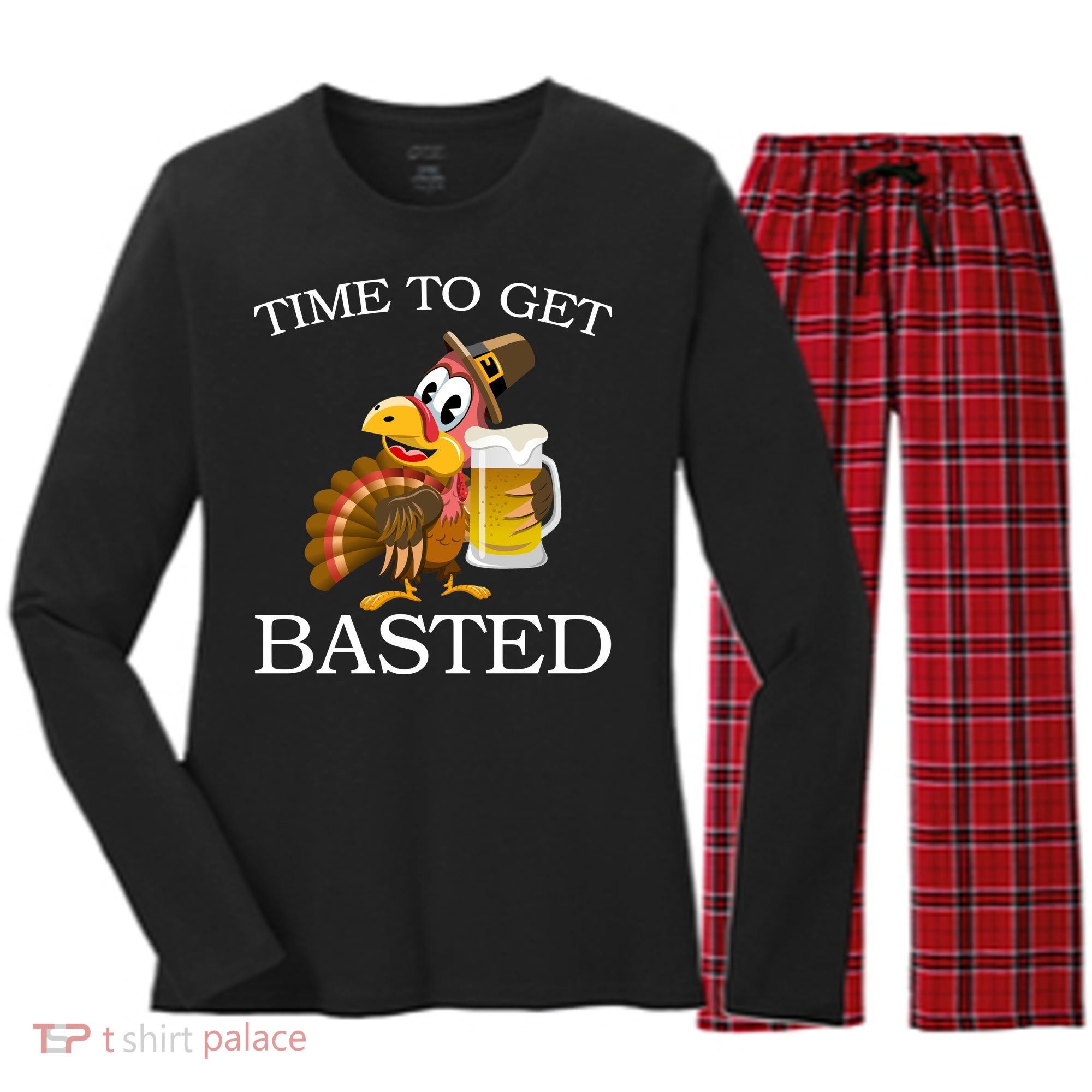 Time To Get Basted Funny Thanksgiving  Women's Long Sleeve Flannel Pajama Set 