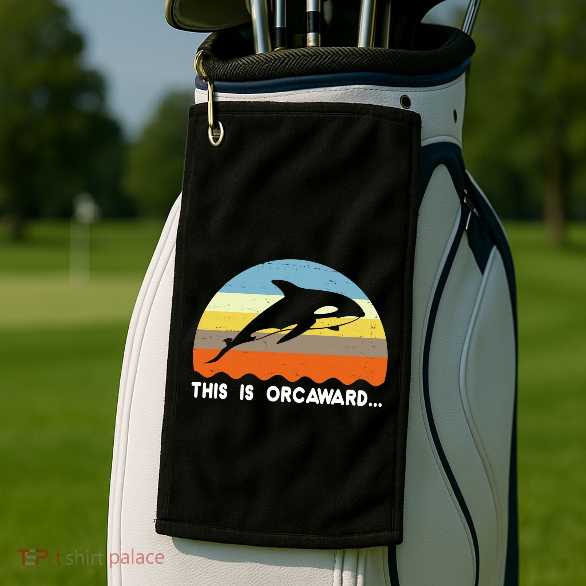 This Is Orcaward Funny Awkward Whale Sunset Golf Towel