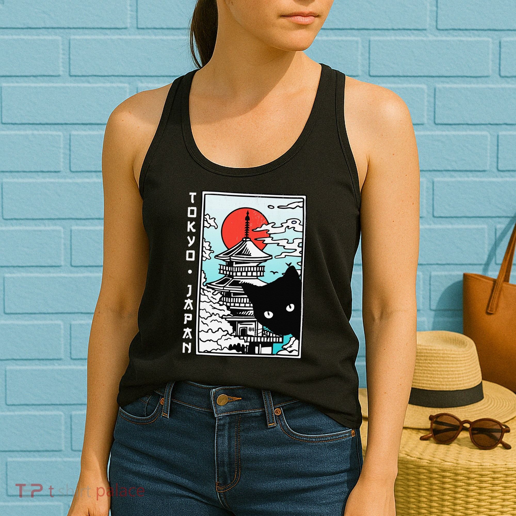 Tokyo Japan Cute Kawaii Japanese Temple Black Cat Women's Tank Top