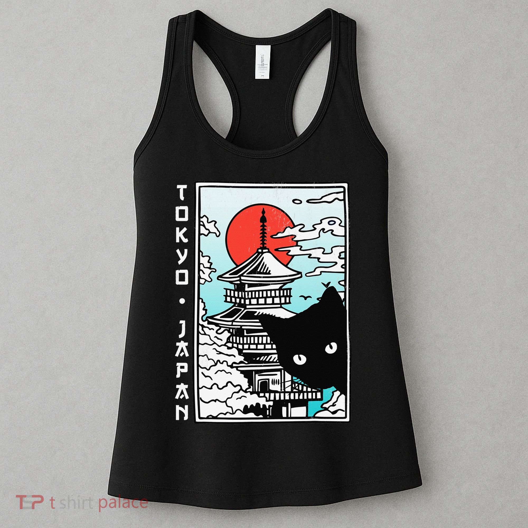 Tokyo Japan Cute Kawaii Japanese Temple Black Cat Women's Tank Top
