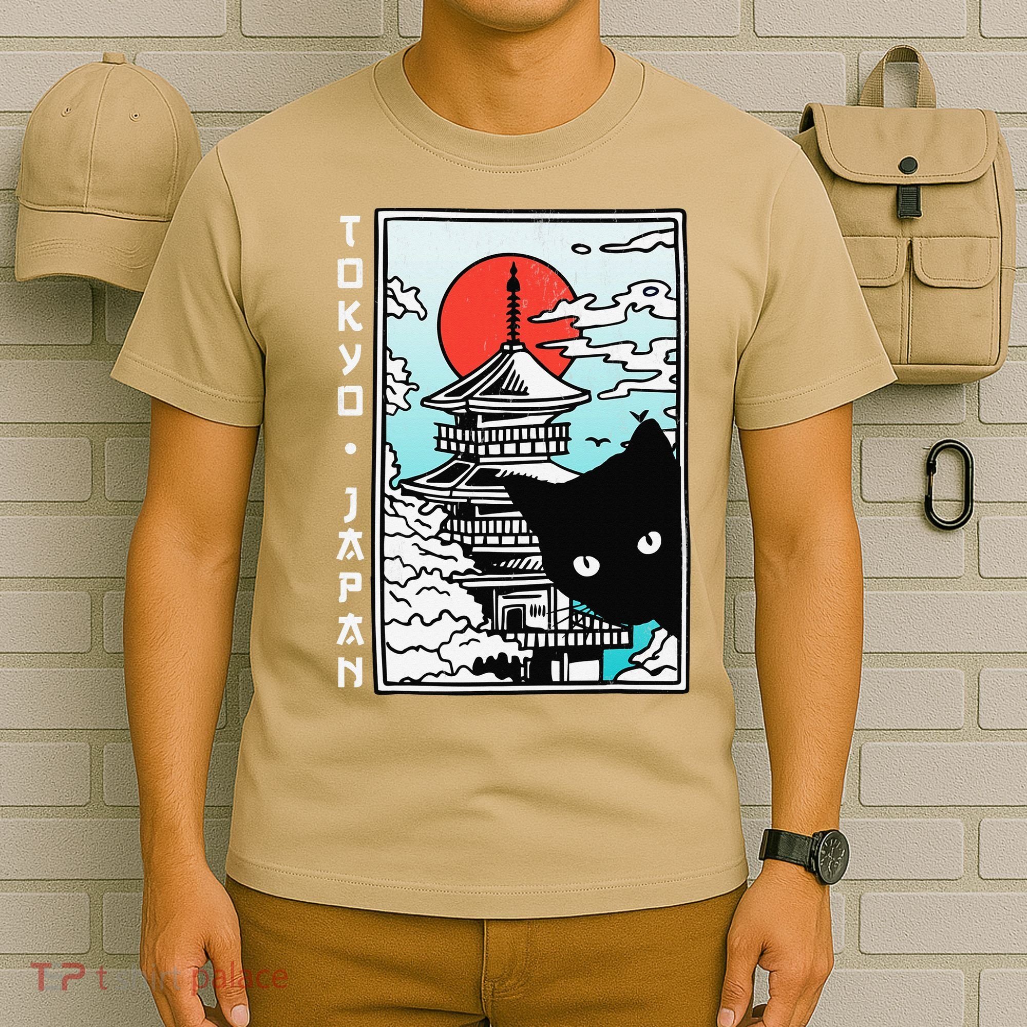 Tokyo Japan Cute Kawaii Japanese Temple Black Cat T-Shirt