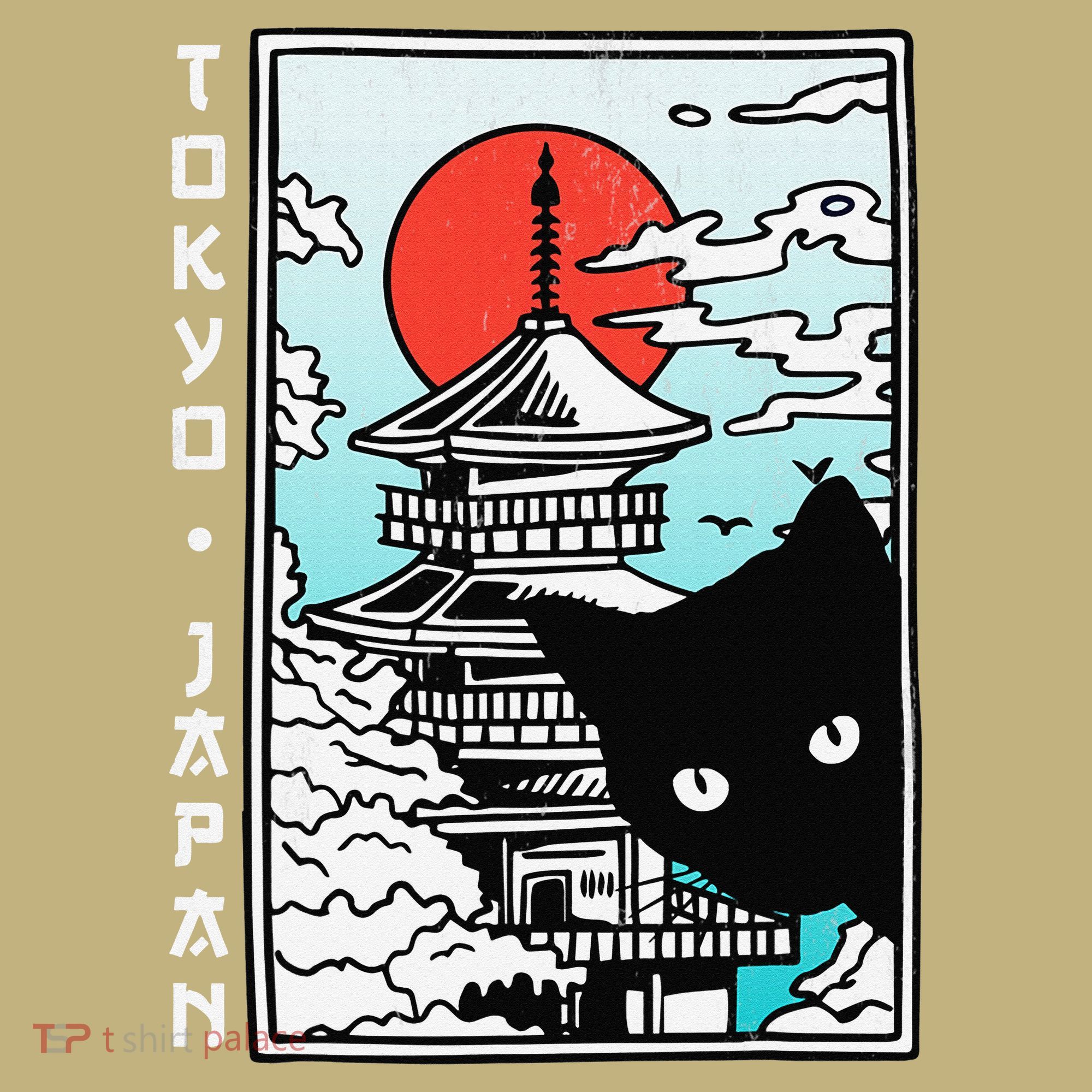 Tokyo Japan Cute Kawaii Japanese Temple Black Cat T-Shirt