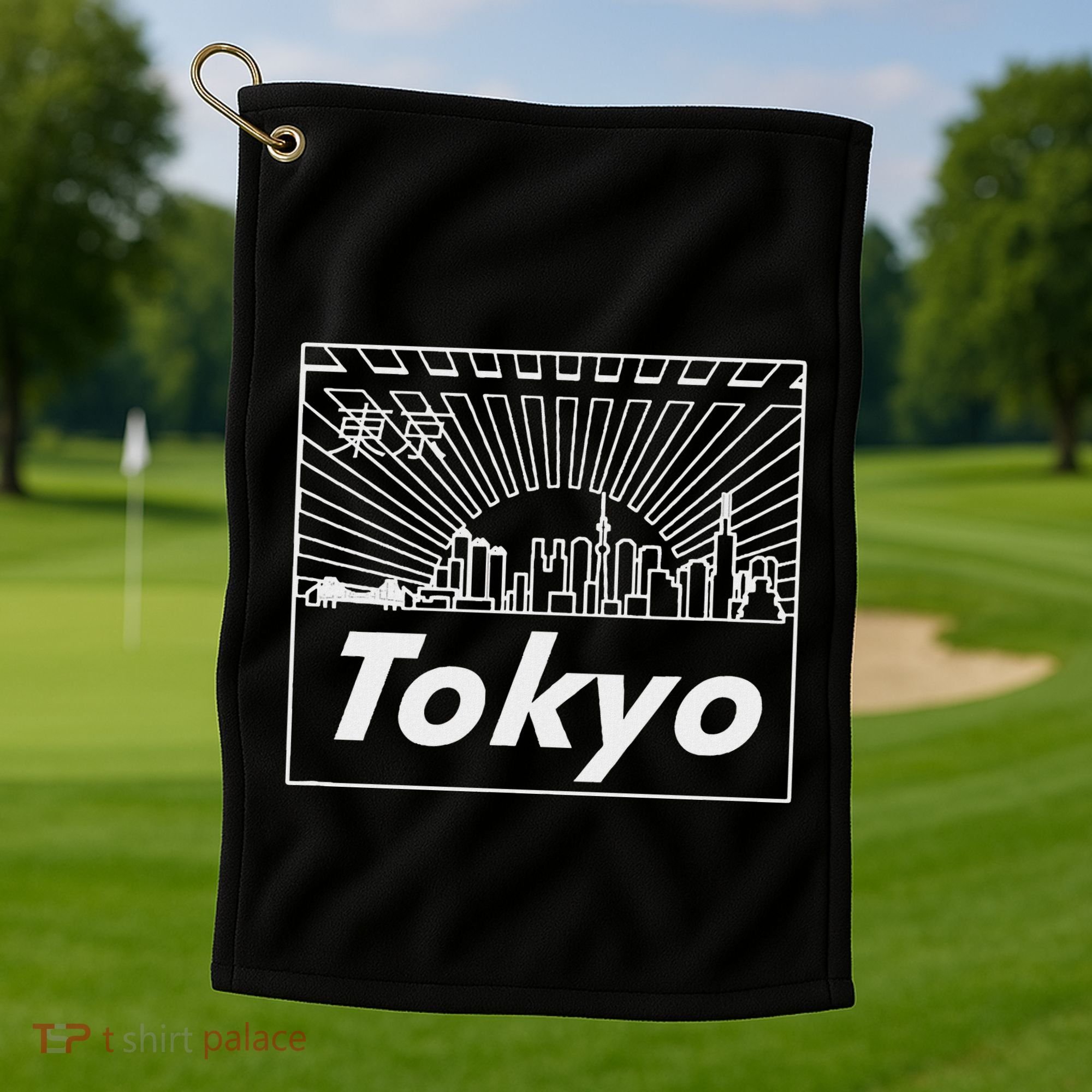 Tokyo Japan Skyline & Japanese Text Tokyo Golf Towel