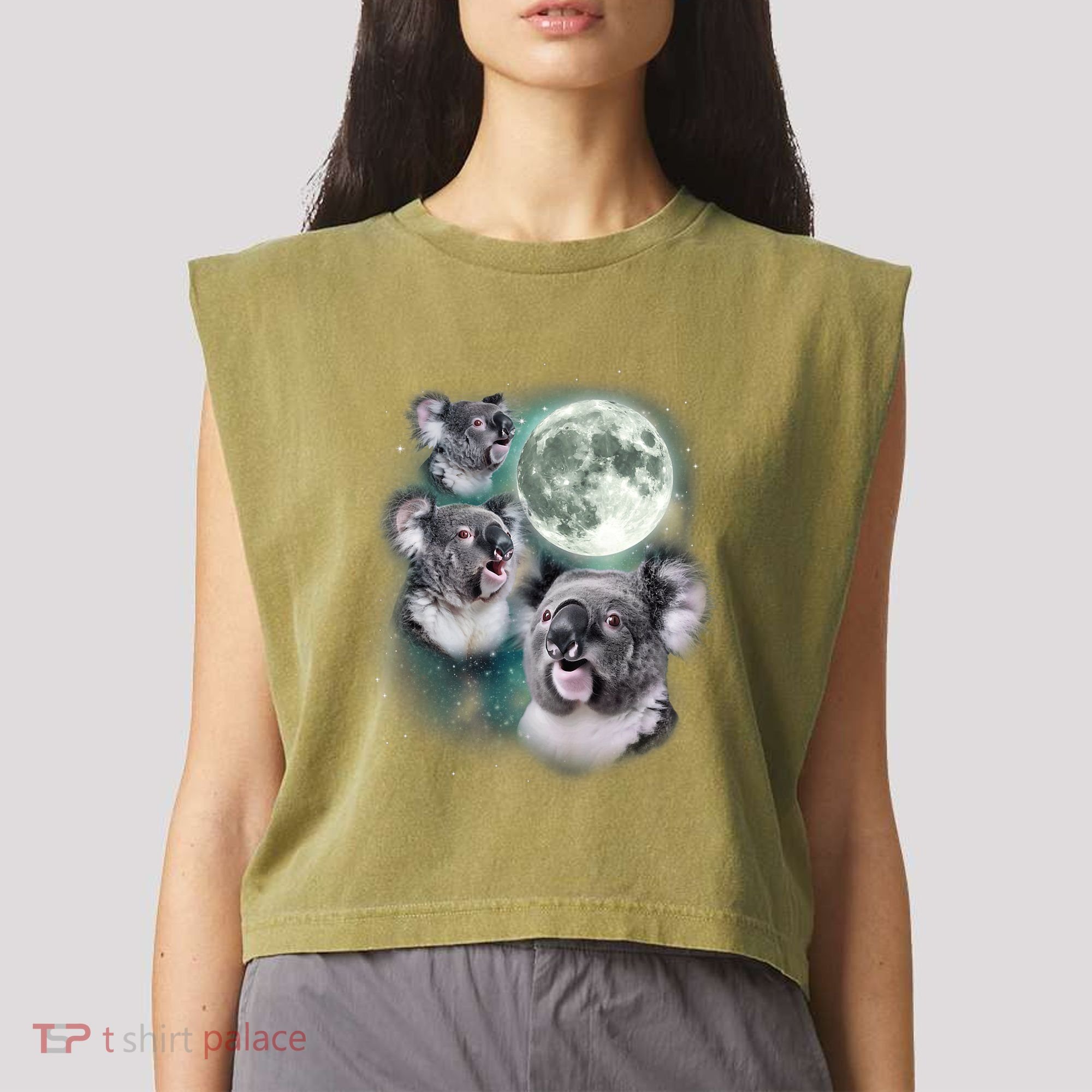 Three Koala Moon Cute Quirky Meme Howling Wildlife Koala Garment-Dyed Women's Muscle Tee