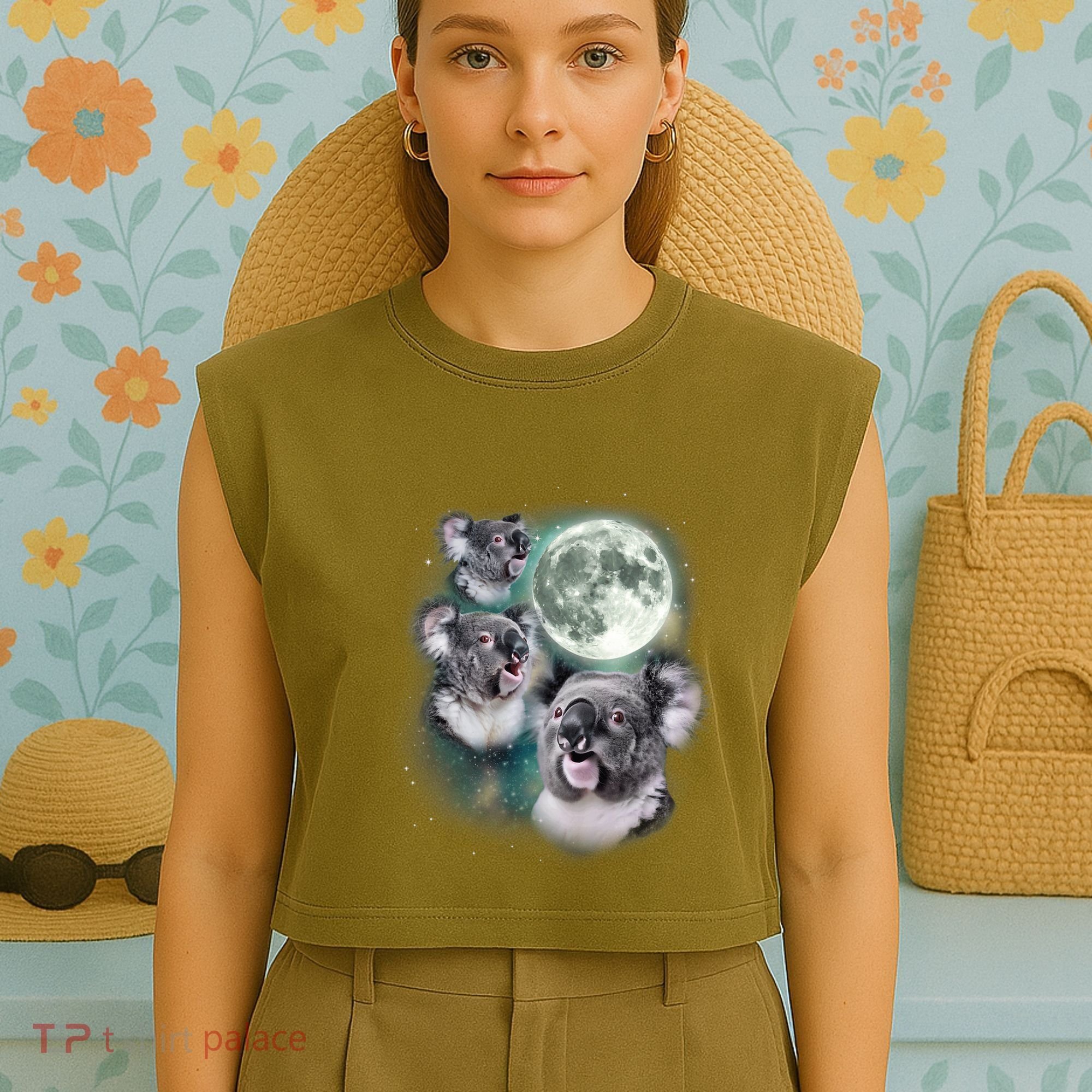 Three Koala Moon Cute Quirky Meme Howling Wildlife Koala Garment-Dyed Women's Muscle Tee