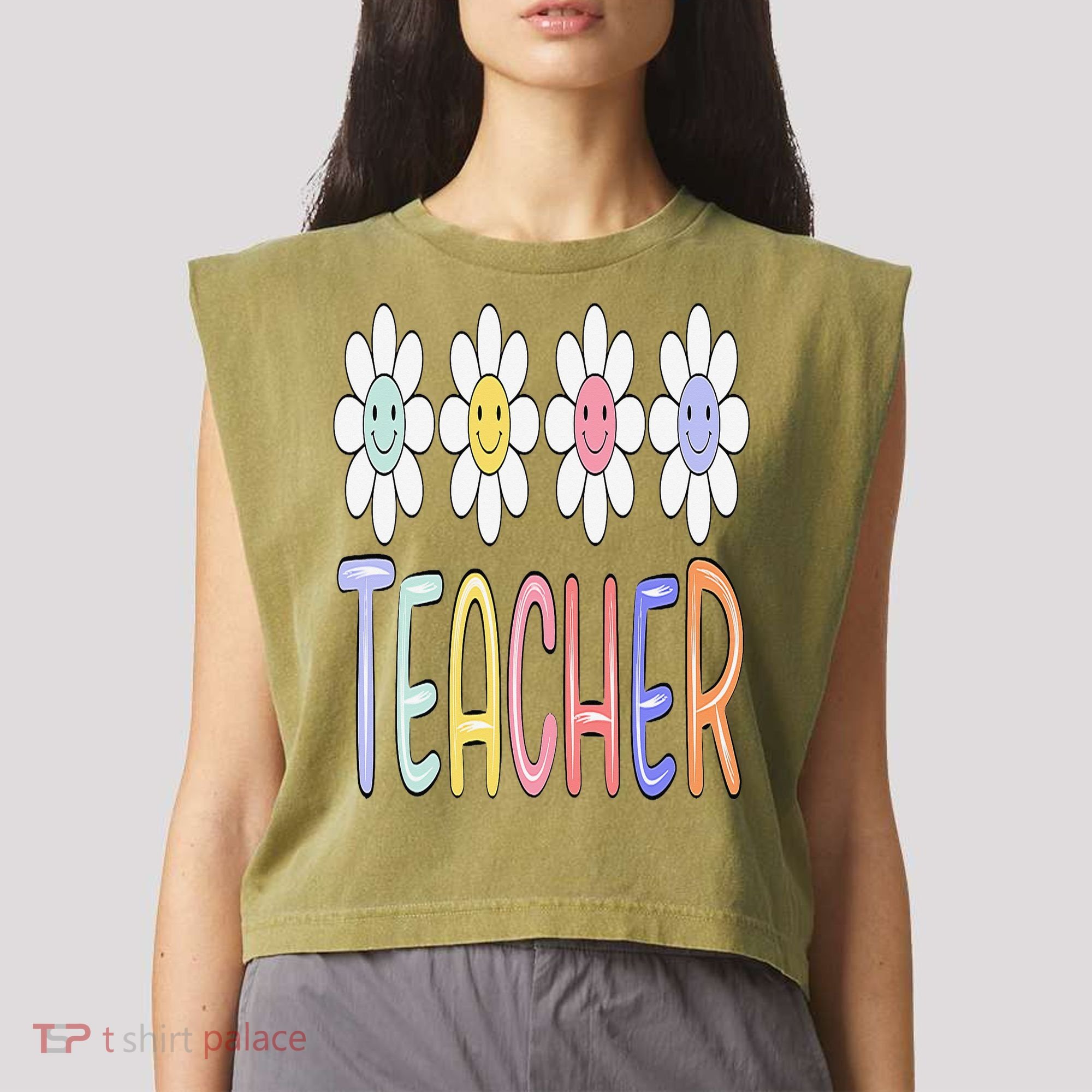 Teacher Life Daisy Flower PreK Kindergarten Teacher Team Garment-Dyed Women's Muscle Tee
