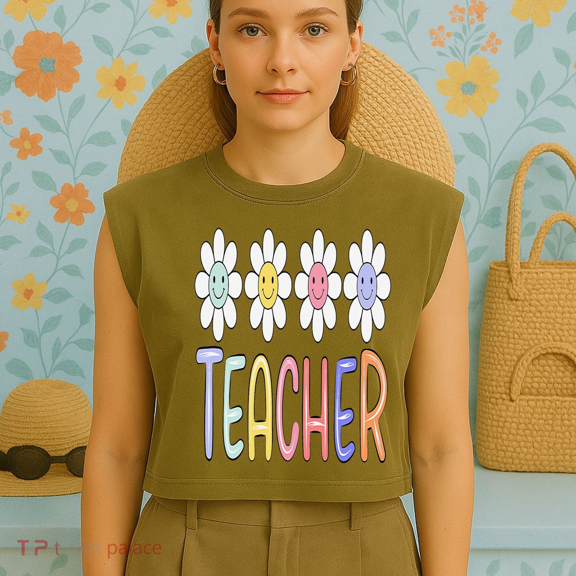 Teacher Life Daisy Flower PreK Kindergarten Teacher Team Garment-Dyed Women's Muscle Tee