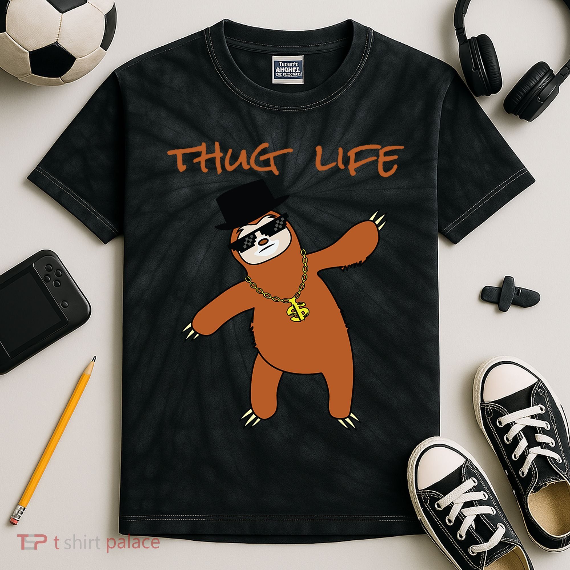 Thug Life Gangsta Sloth Kids Tie-Dye T-Shirt