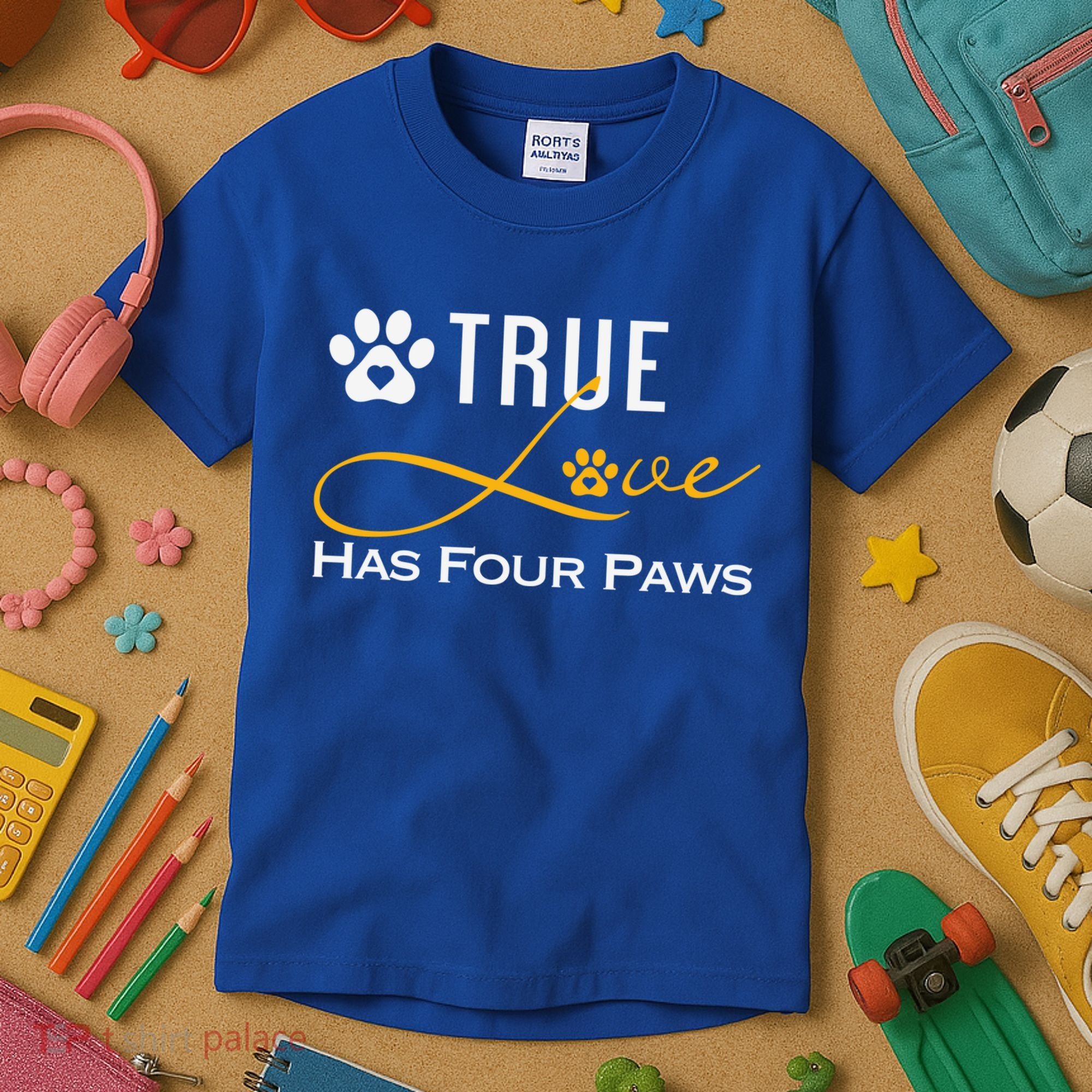 True Love Has Four Paws Funny Dogs Cats Valentine Gift Kids T-Shirt