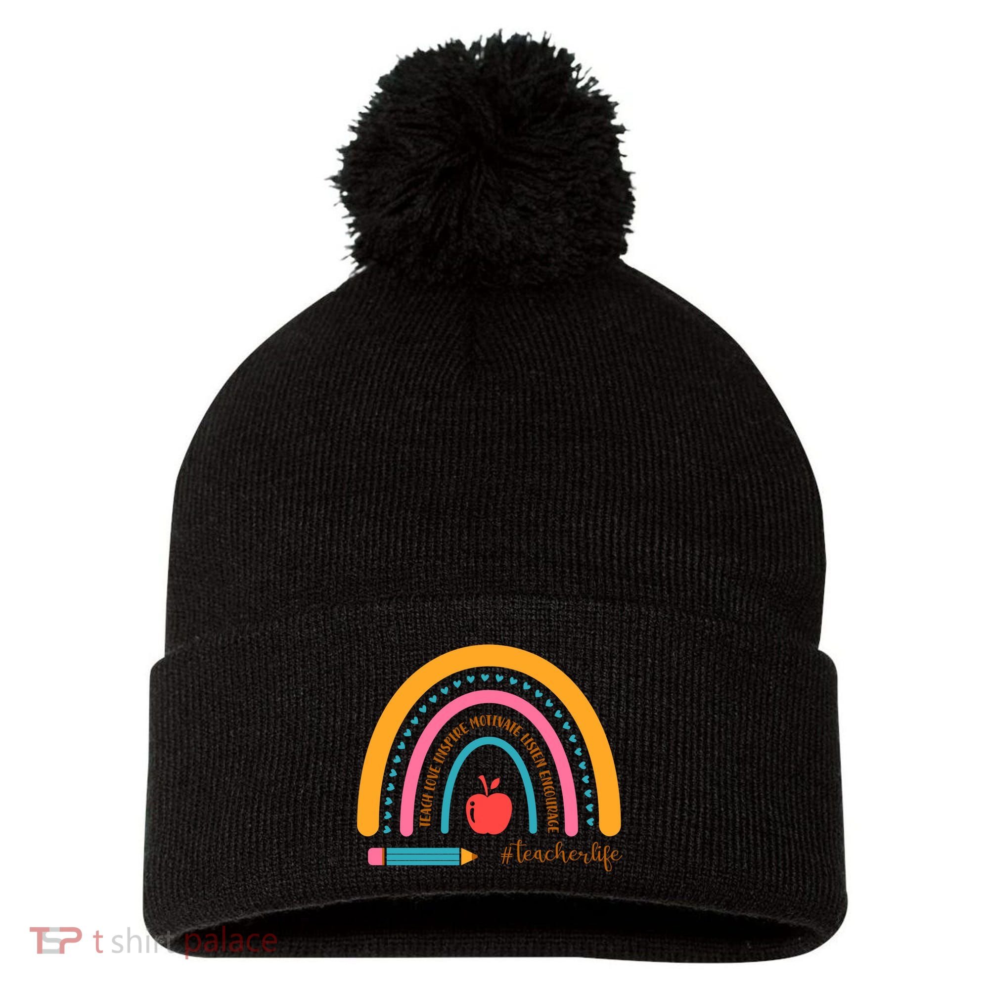 Teacher Life Inspire Rainbow Cute Gift Pom Pom 12in Knit Beanie