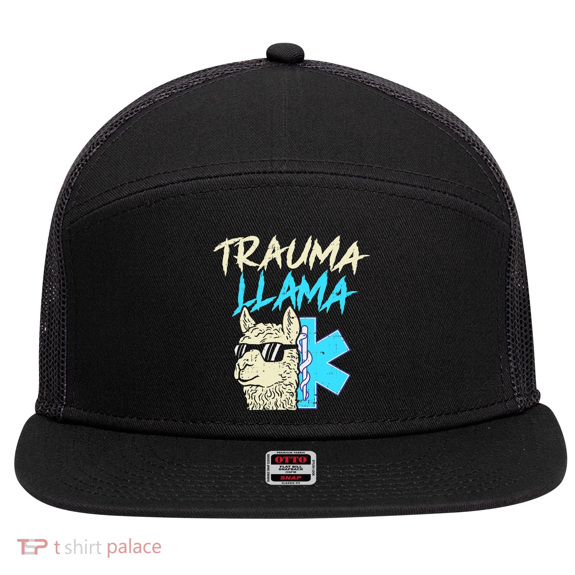 Trauma Llama K Funny Alpaca Llama Snake 7 Panel Mesh Trucker Snapback Hat