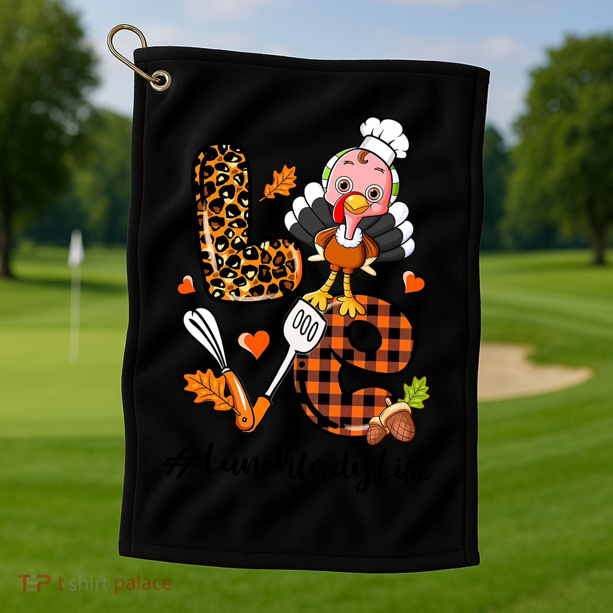 Thanksgiving Love Lunch Lady Turkey Fall Golf Towel