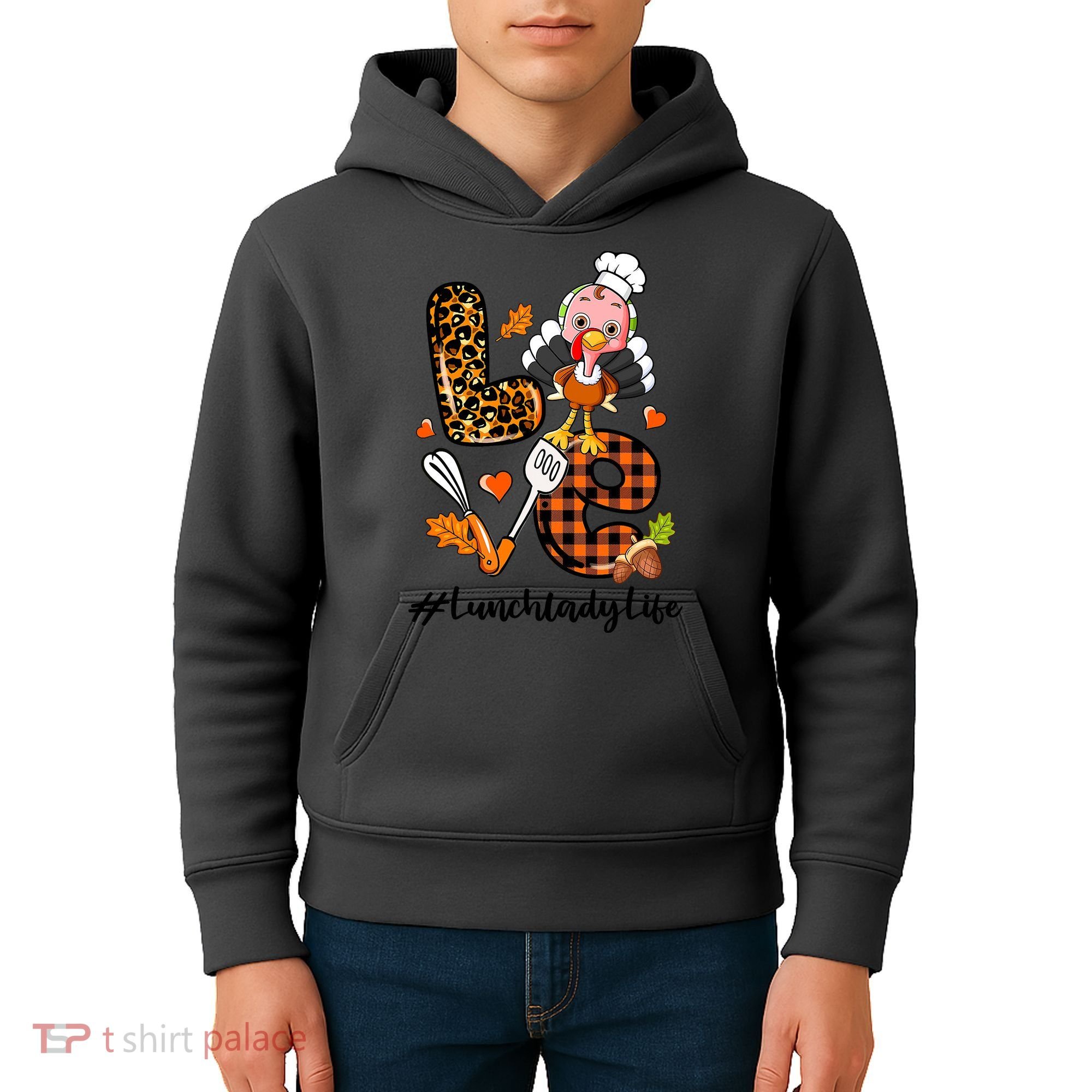 Thanksgiving Love Lunch Lady Turkey Fall Kids Hoodie