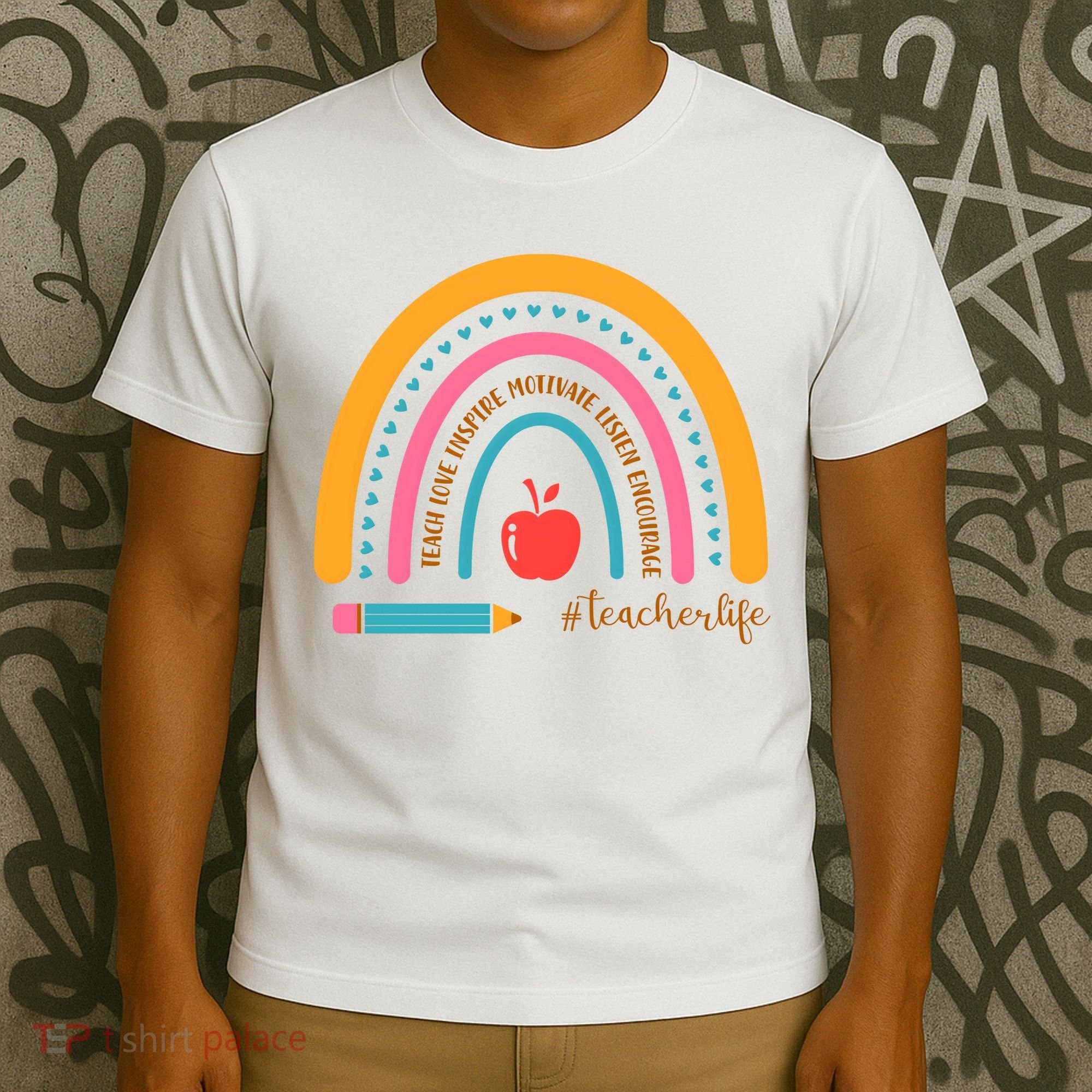 Teacher Life Love Inspire Motivate Rainbow T-Shirt