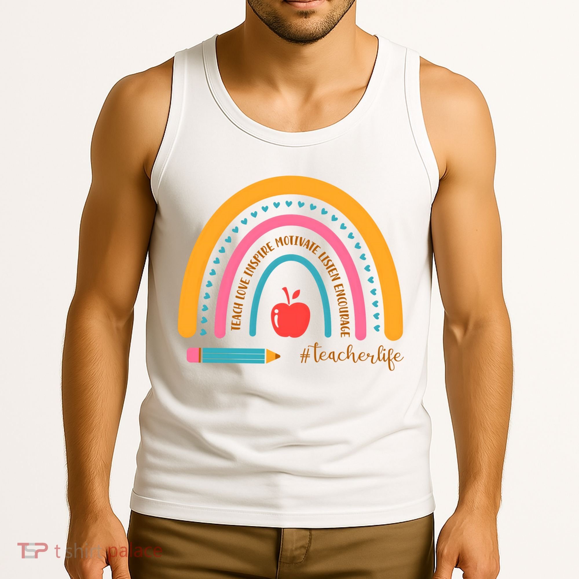 Teacher Life Love Inspire Motivate Rainbow Tank Top