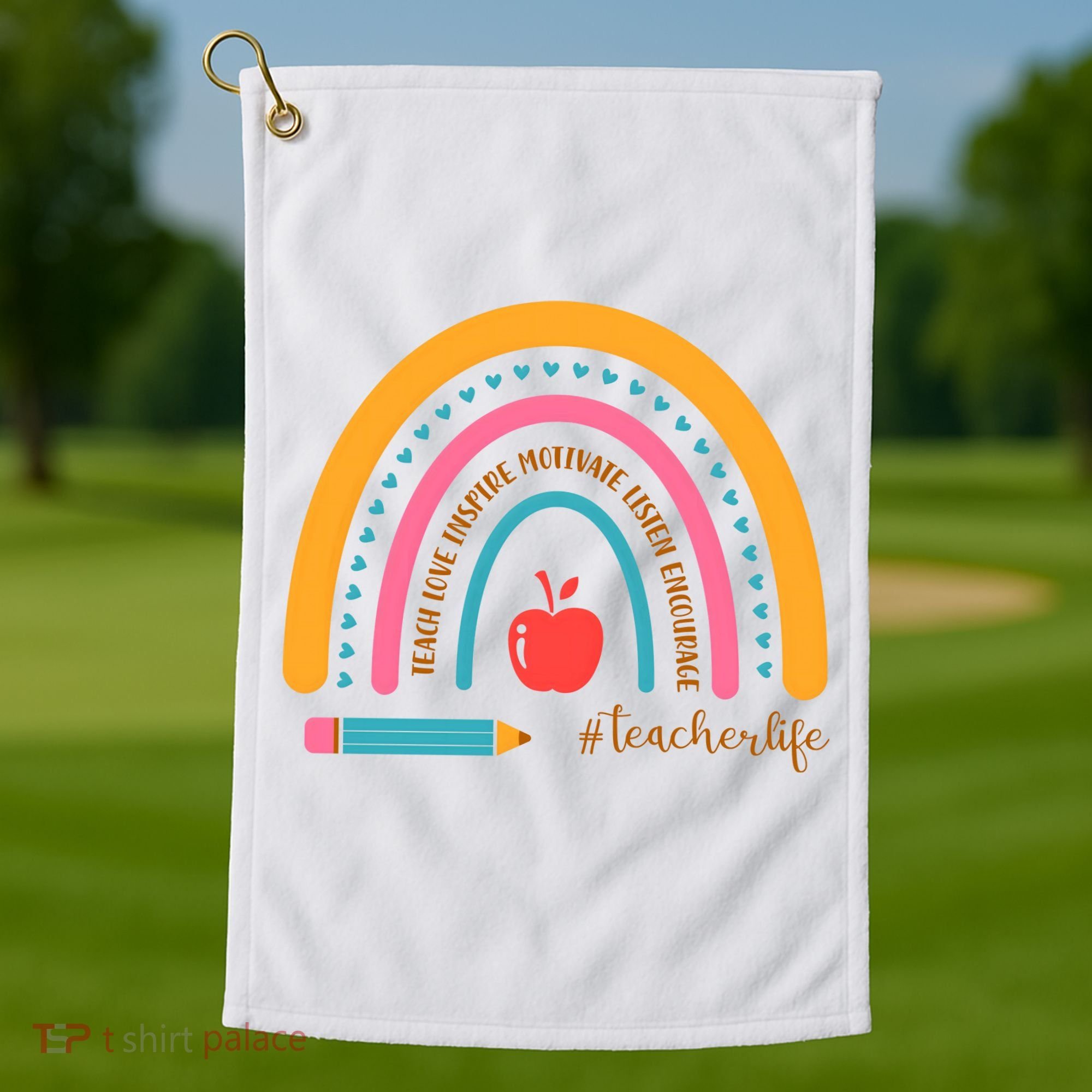 Teacher Life Love Inspire Motivate Rainbow Golf Towel
