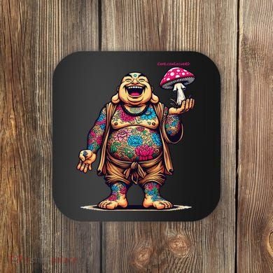 Tattooed Laughing Monk With A Mushroom Coaster