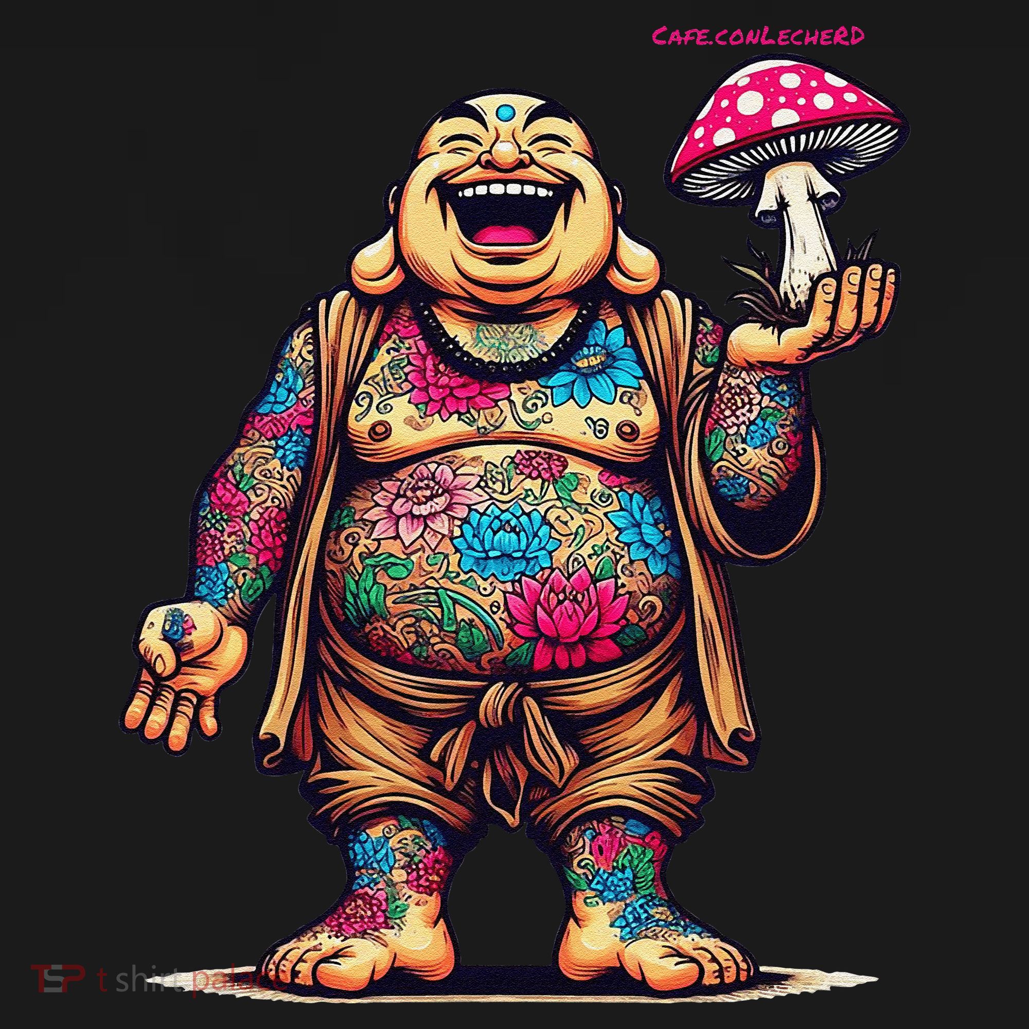 Tattooed Laughing Monk With A Mushroom Coaster