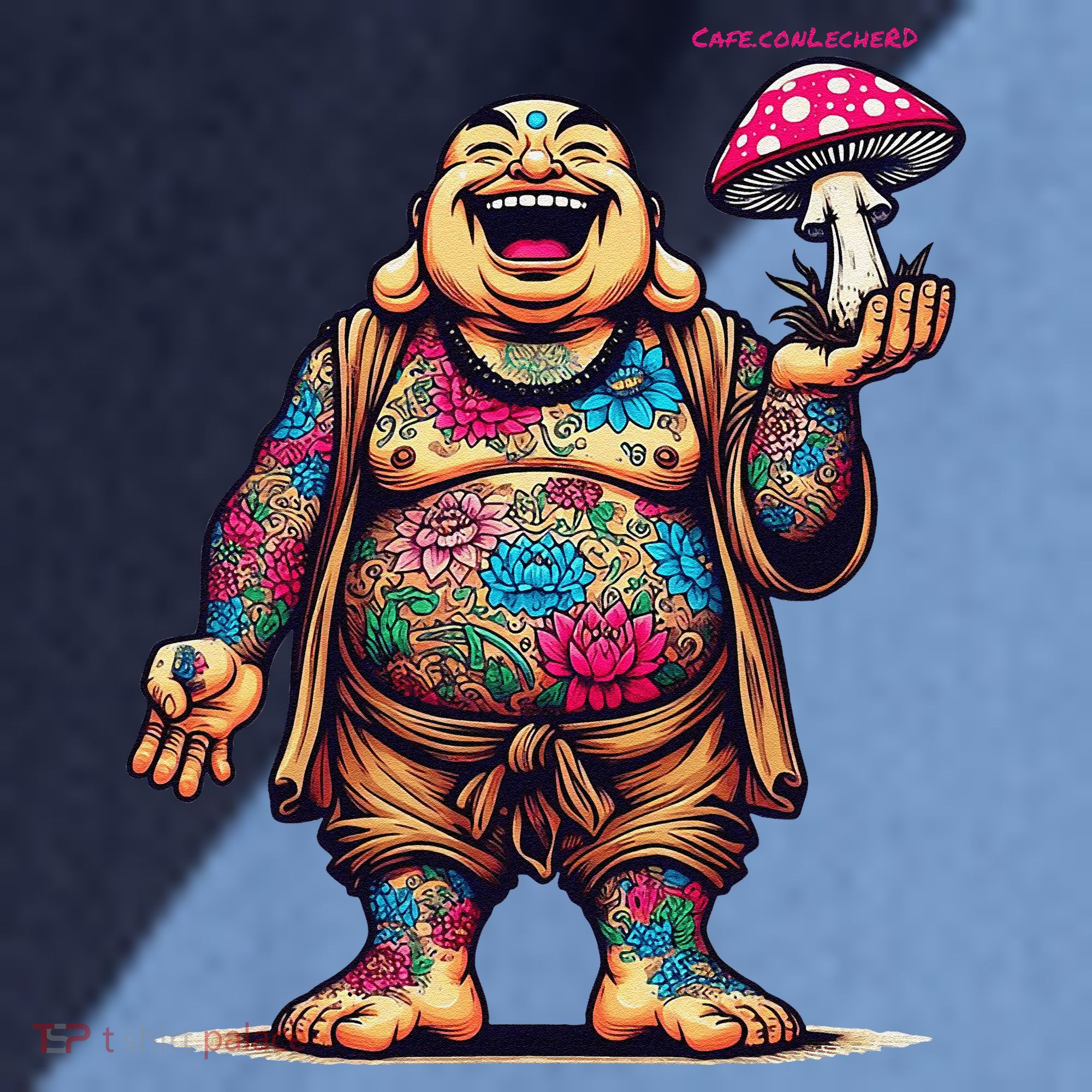 Tattooed Laughing Monk With A Mushroom Raglan Baseball Sleeve Shirt
