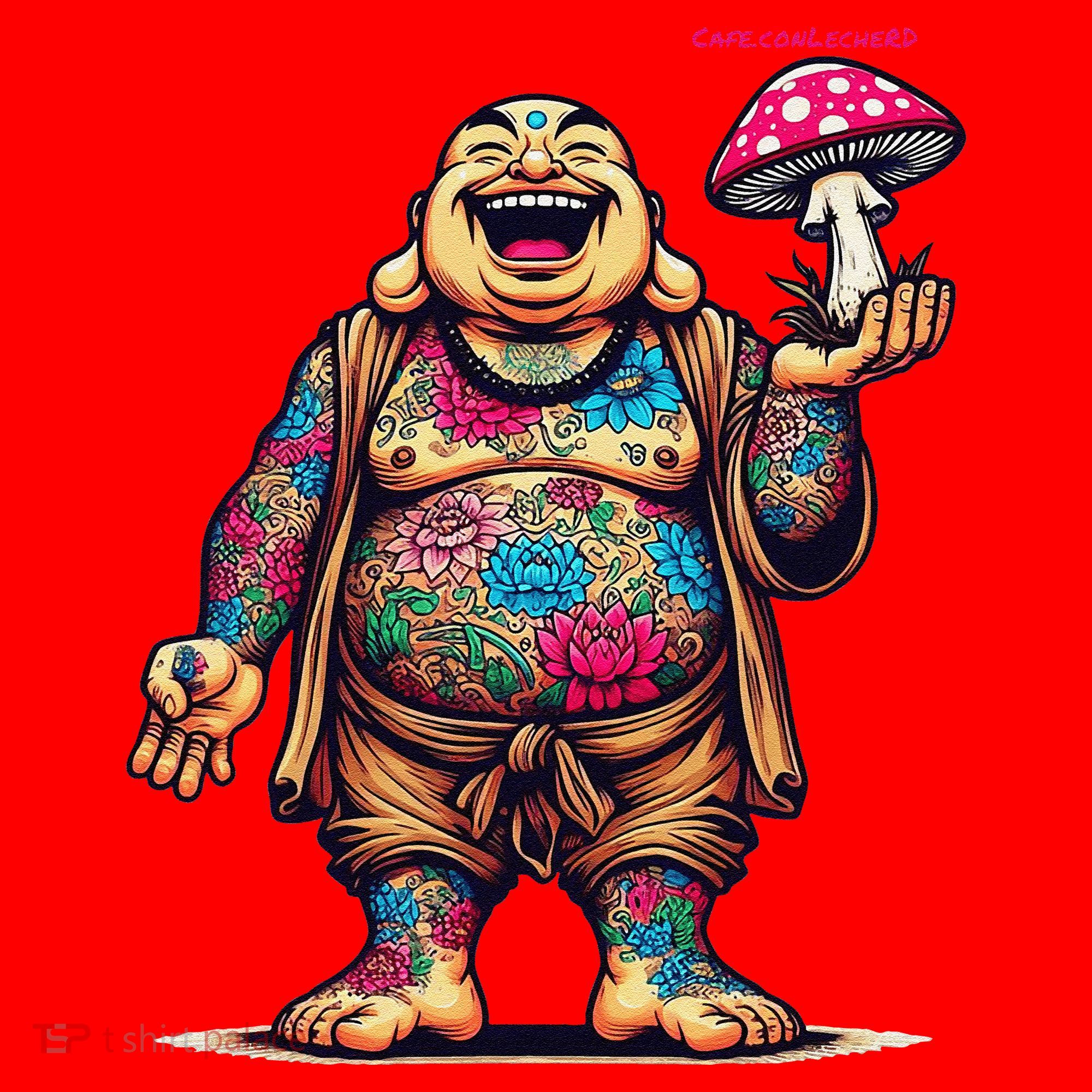Tattooed Laughing Monk With A Mushroom Santa Hat