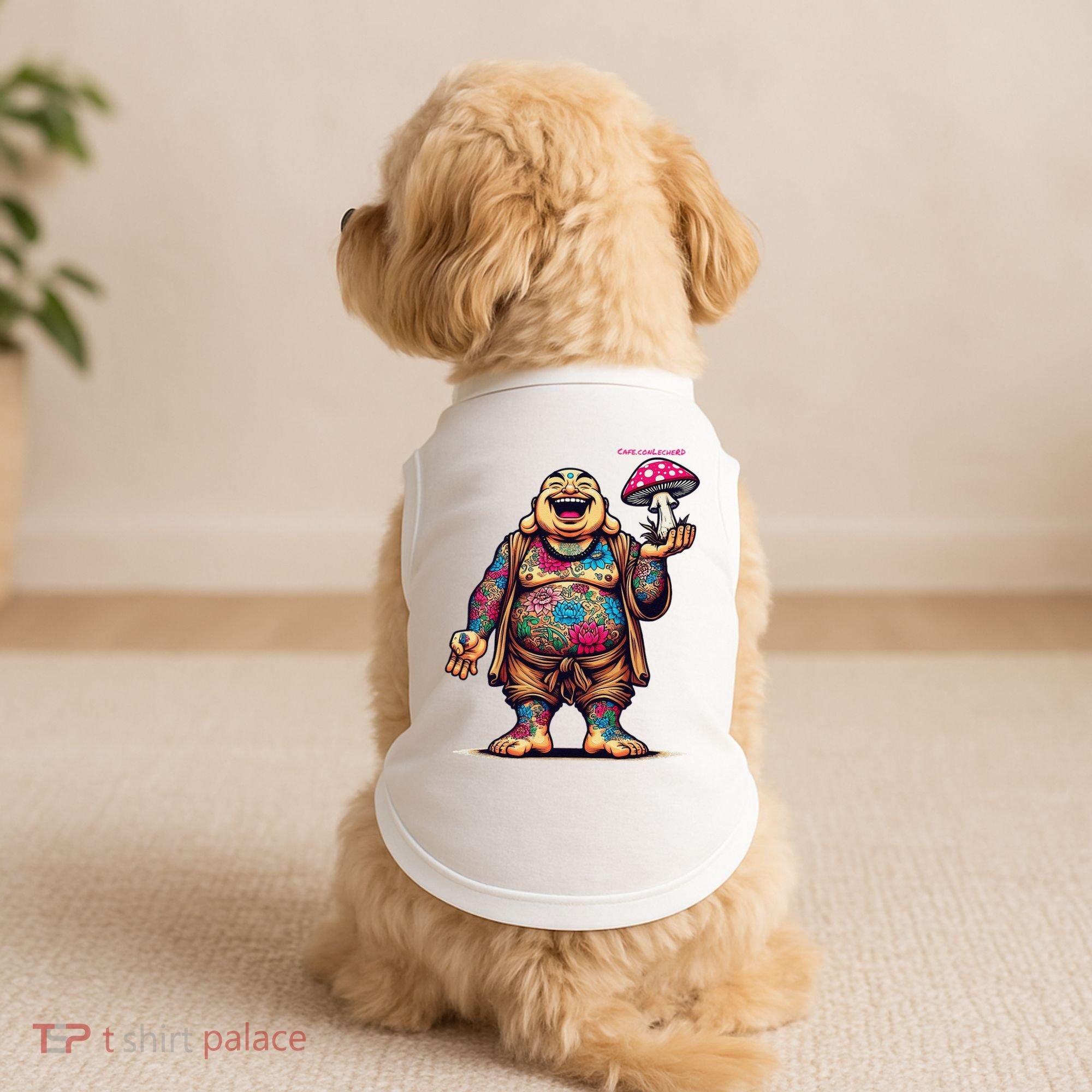 Tattooed Laughing Monk With A Mushroom Doggie Tank