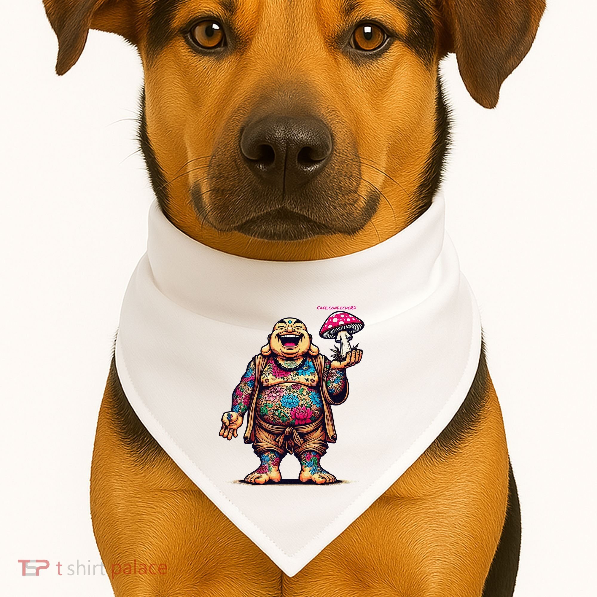 Tattooed Laughing Monk With A Mushroom USA-Made Doggie Bandana