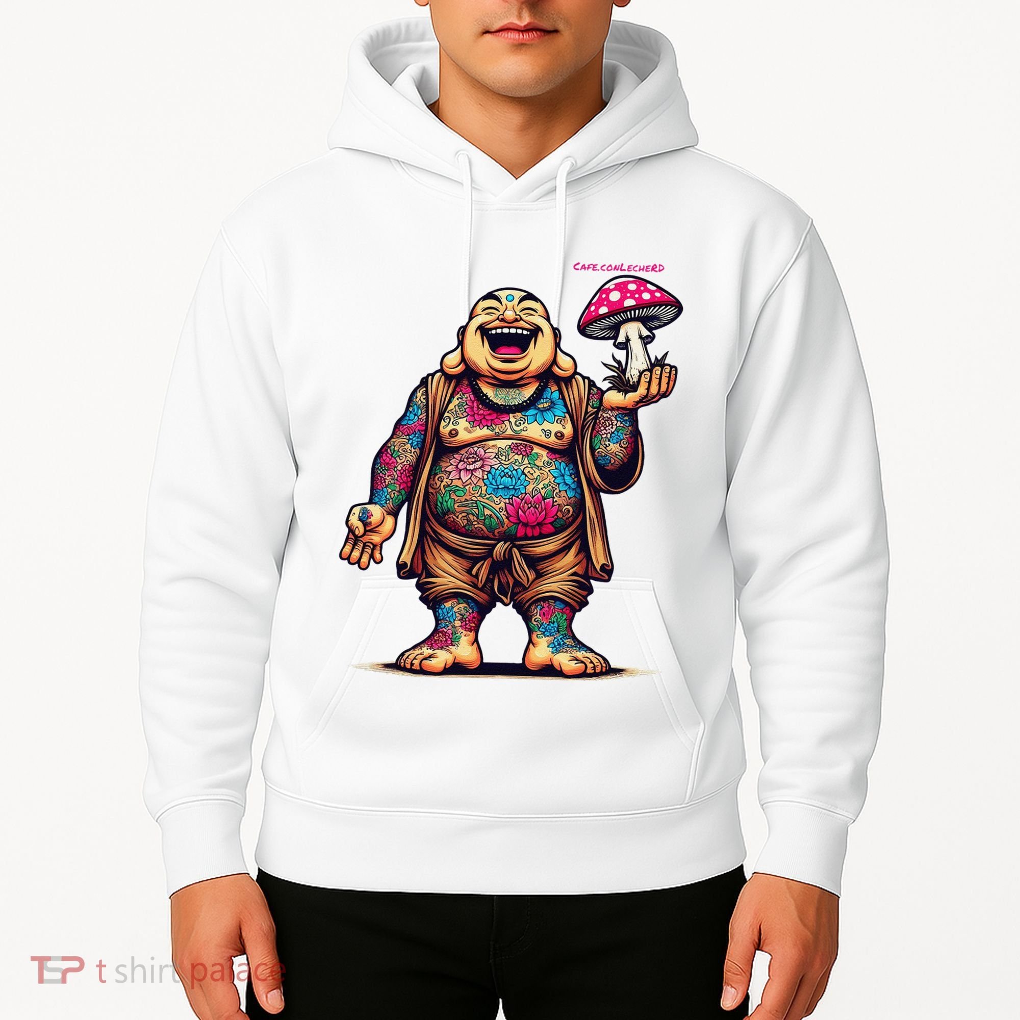 Tattooed Laughing Monk With A Mushroom Hoodie
