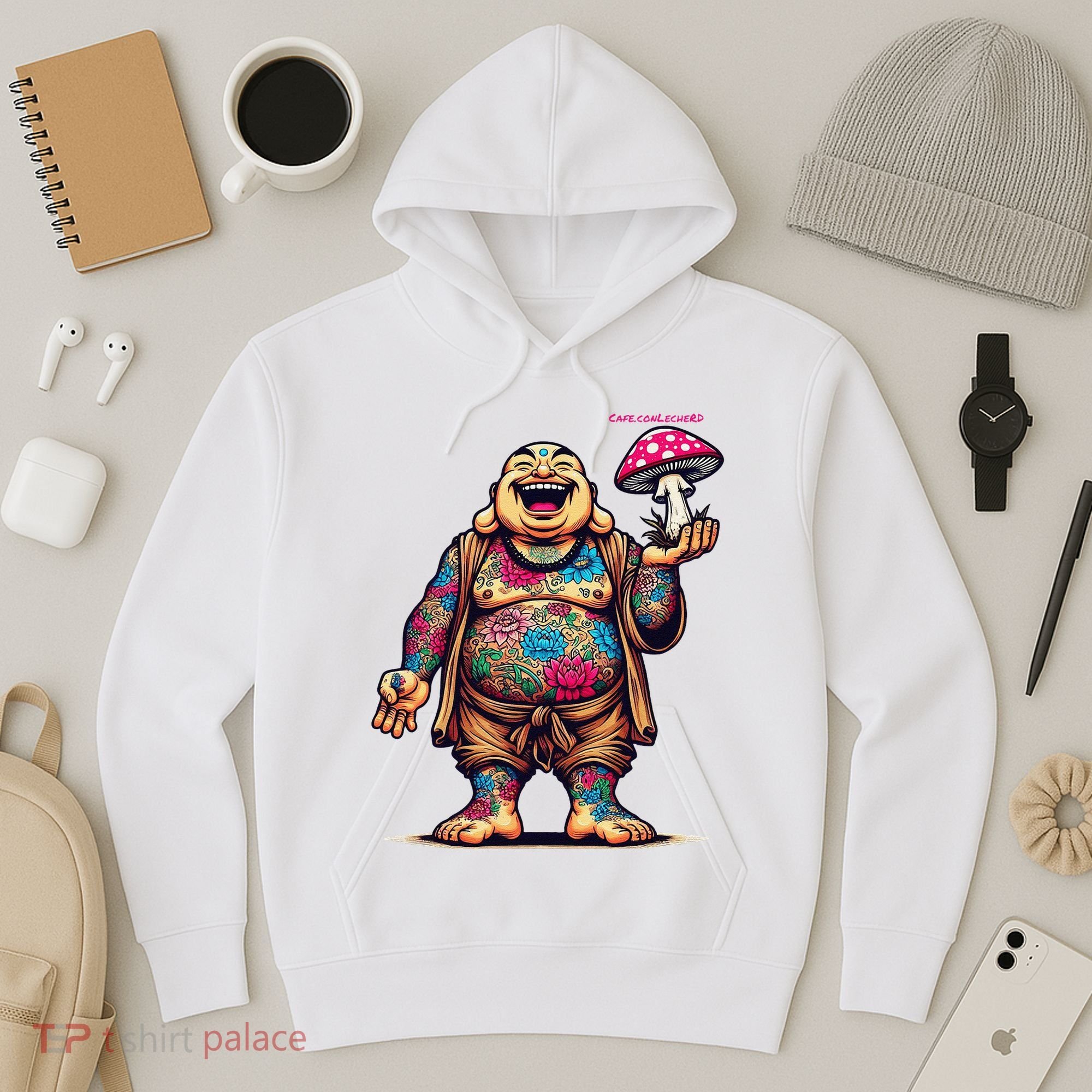 Tattooed Laughing Monk With A Mushroom Hoodie
