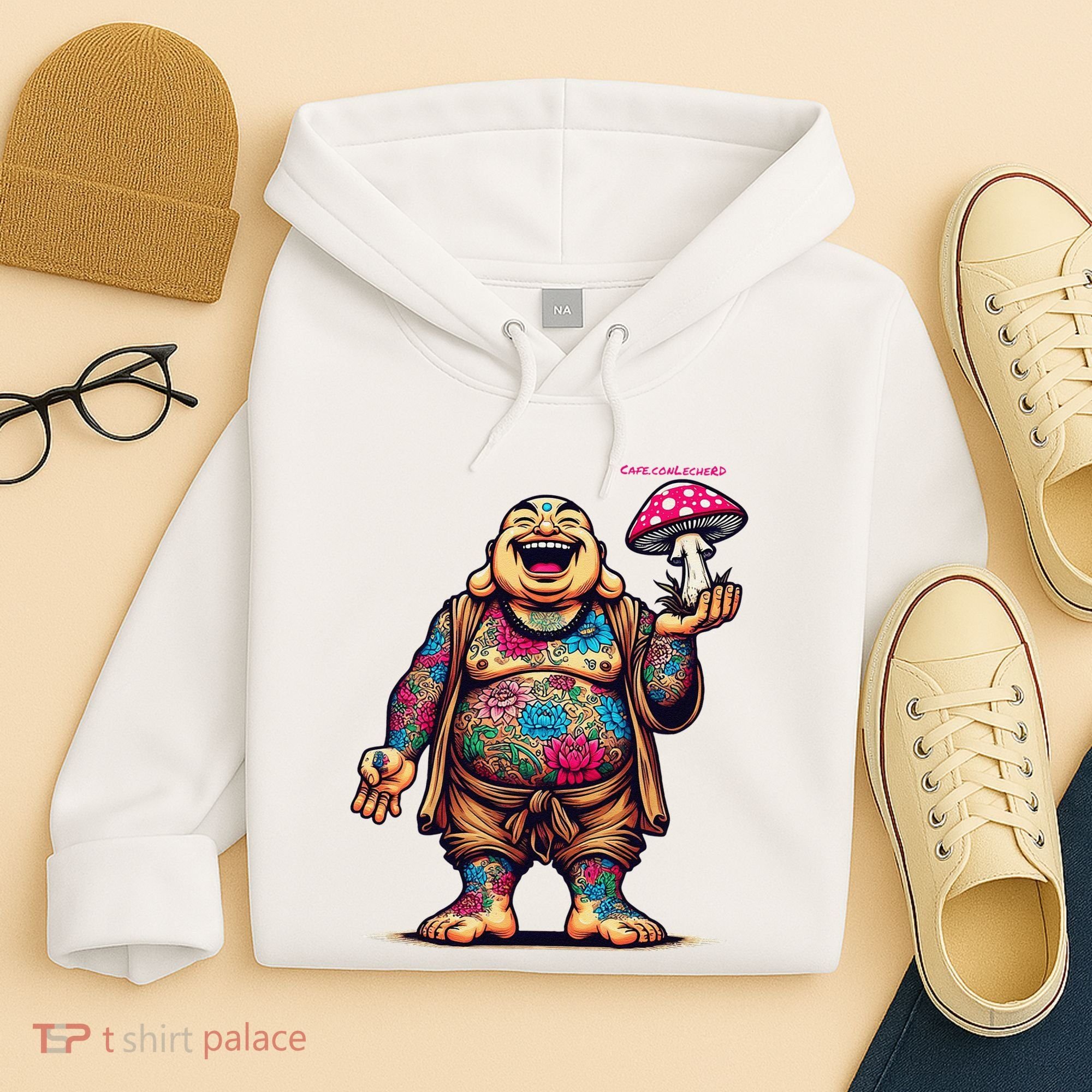 Tattooed Laughing Monk With A Mushroom Hoodie