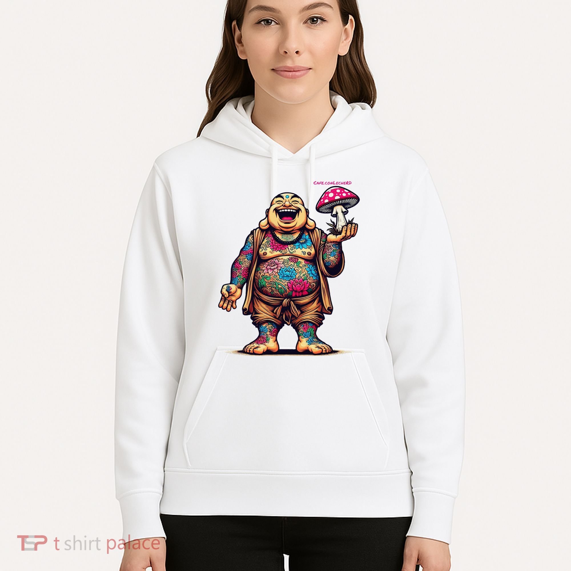 Tattooed Laughing Monk With A Mushroom Hoodie