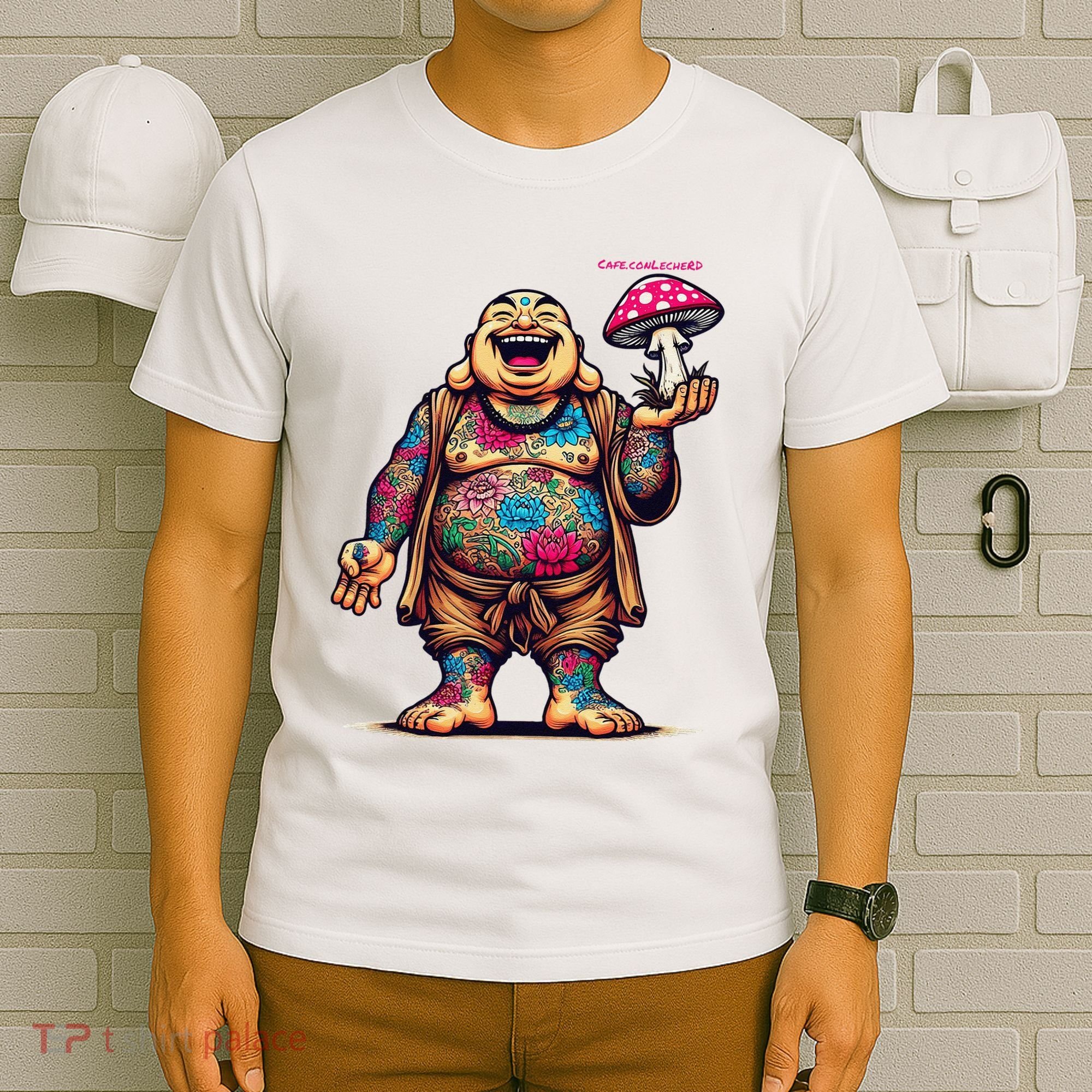 Tattooed Laughing Monk With A Mushroom T-Shirt