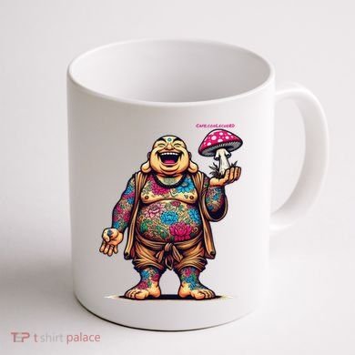 Tattooed Laughing Monk With A Mushroom Coffee Mug back