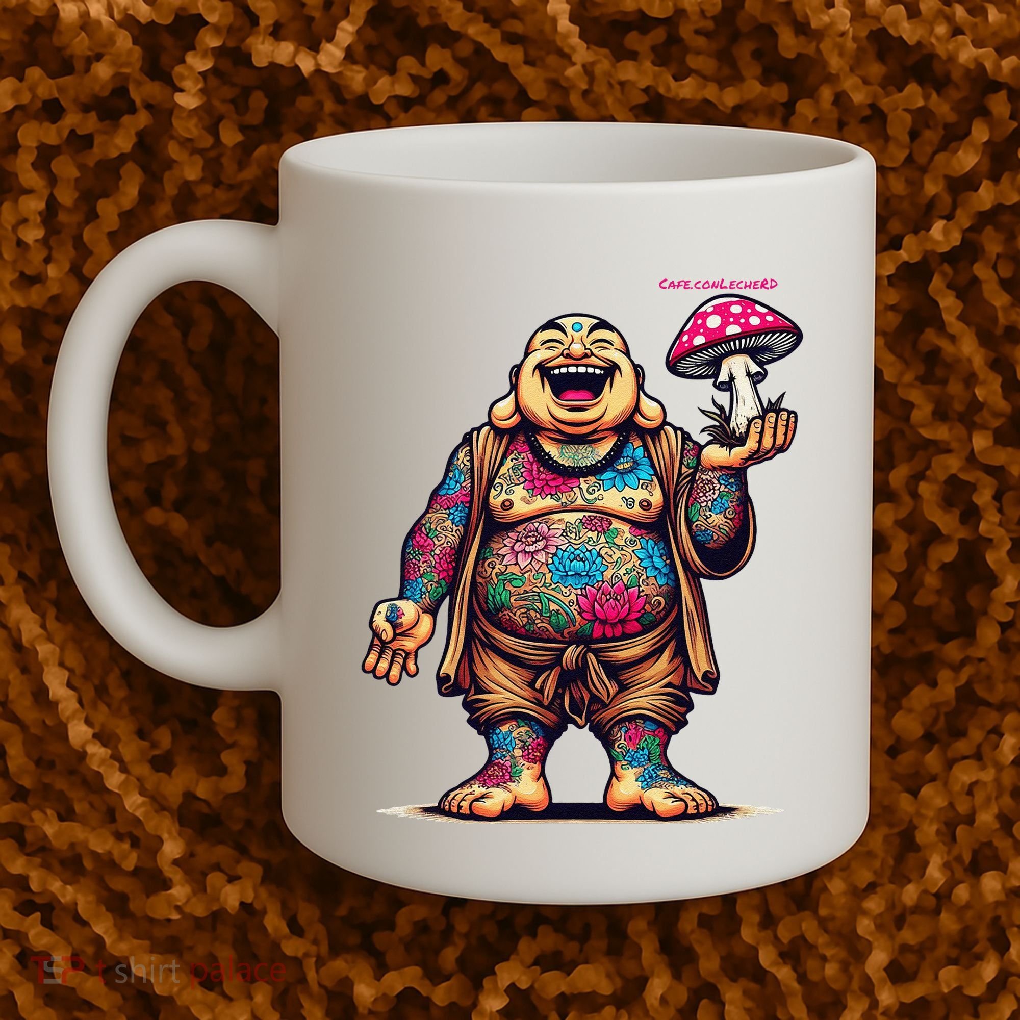 Tattooed Laughing Monk With A Mushroom Coffee Mug