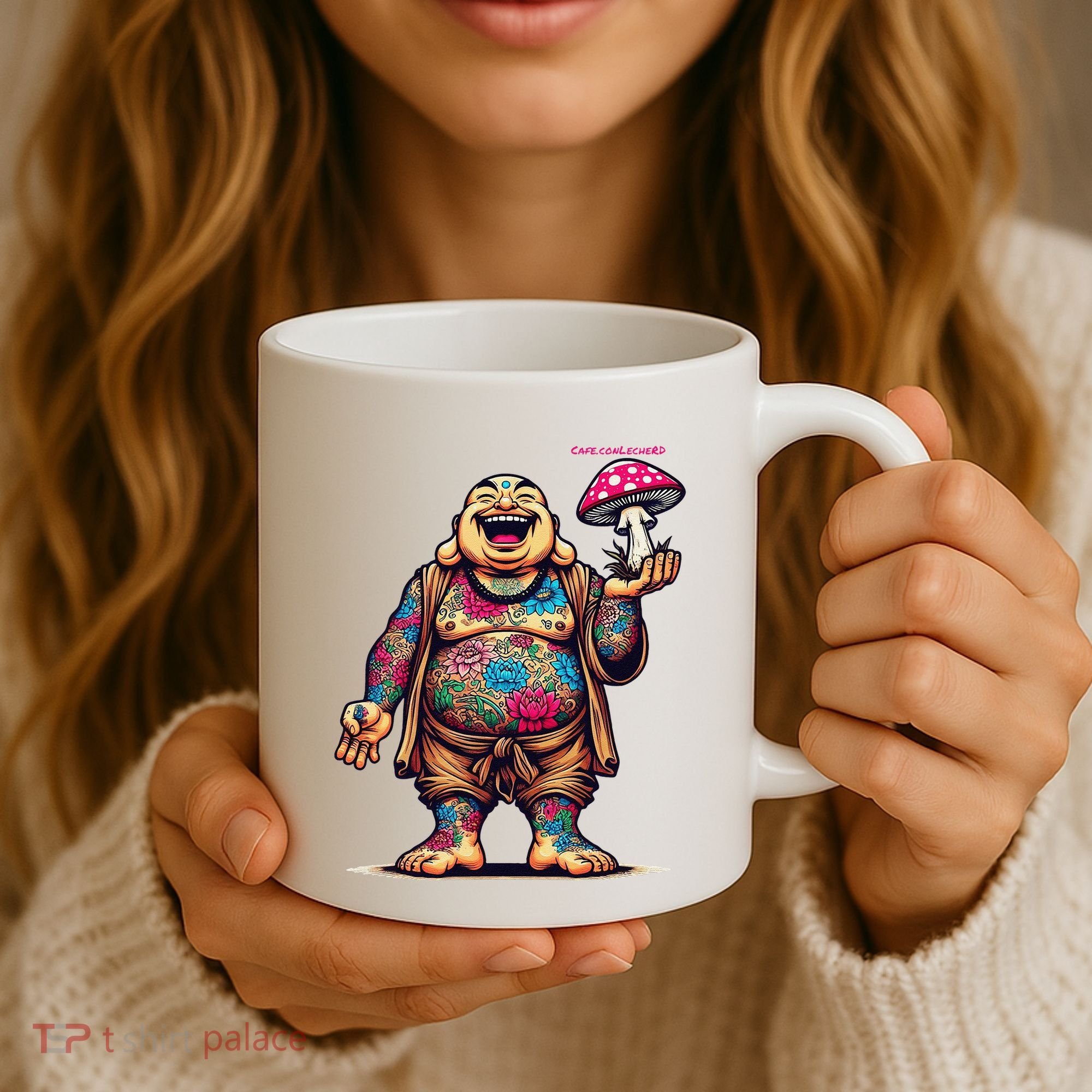 Tattooed Laughing Monk With A Mushroom Coffee Mug