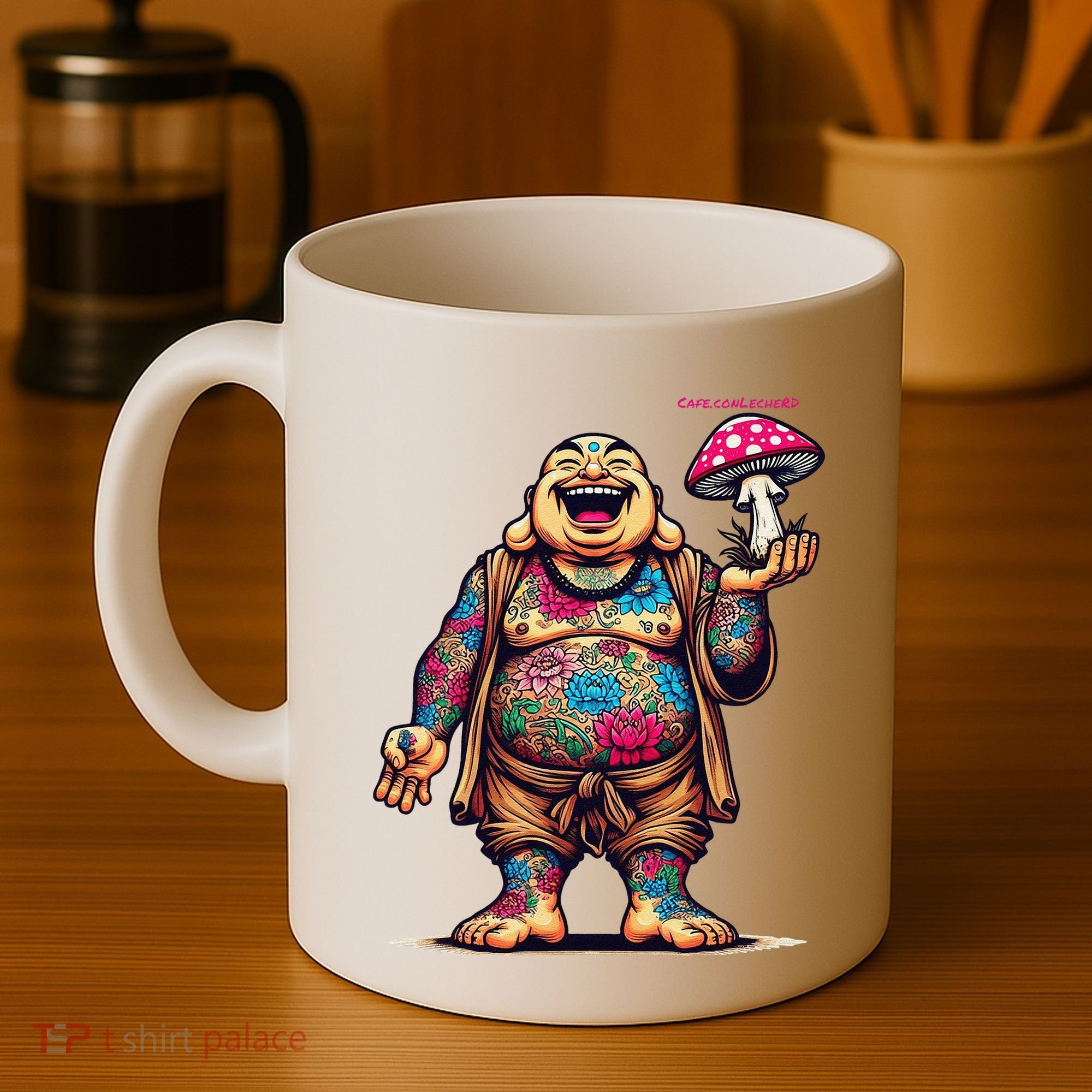 Tattooed Laughing Monk With A Mushroom Coffee Mug