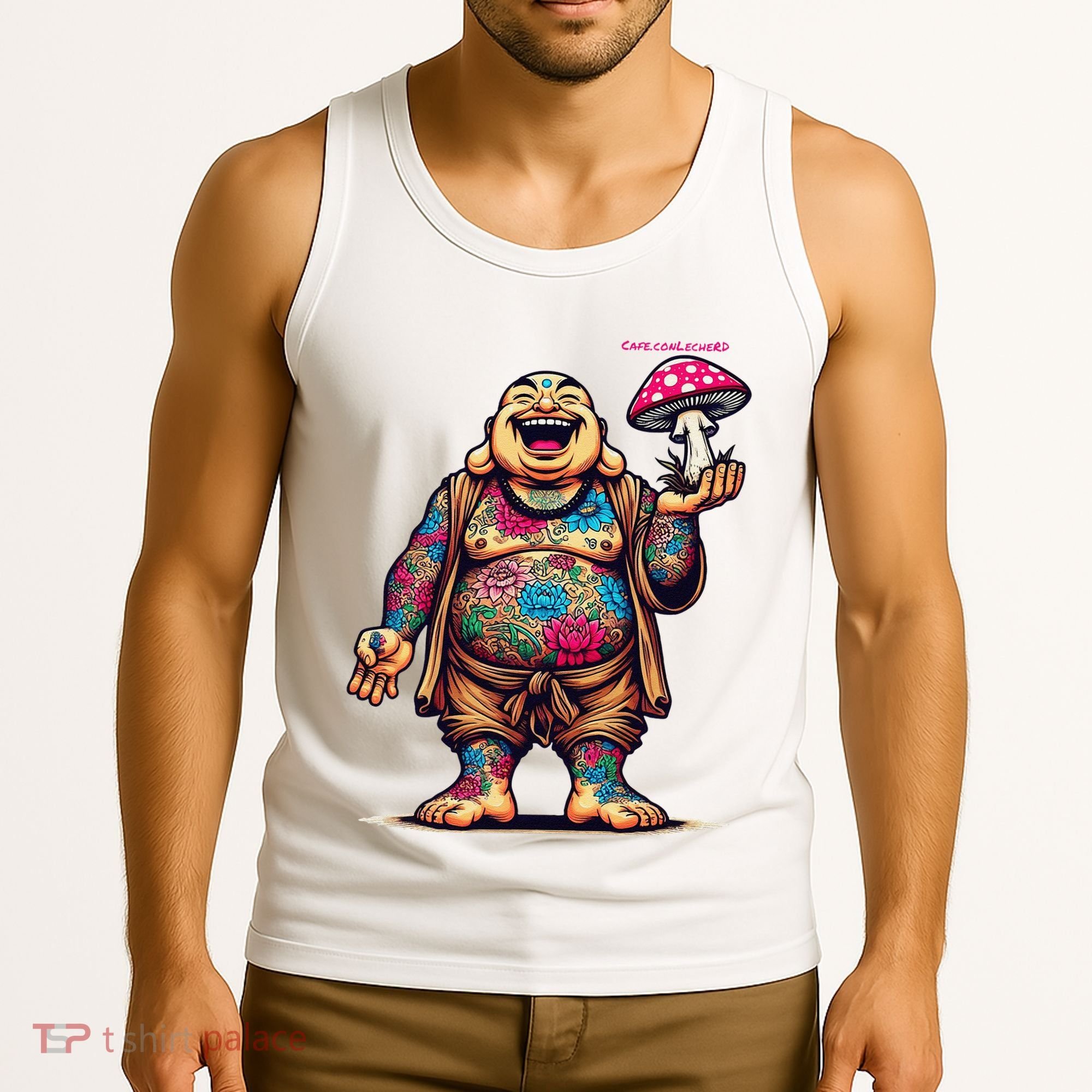 Tattooed Laughing Monk With A Mushroom Tank Top