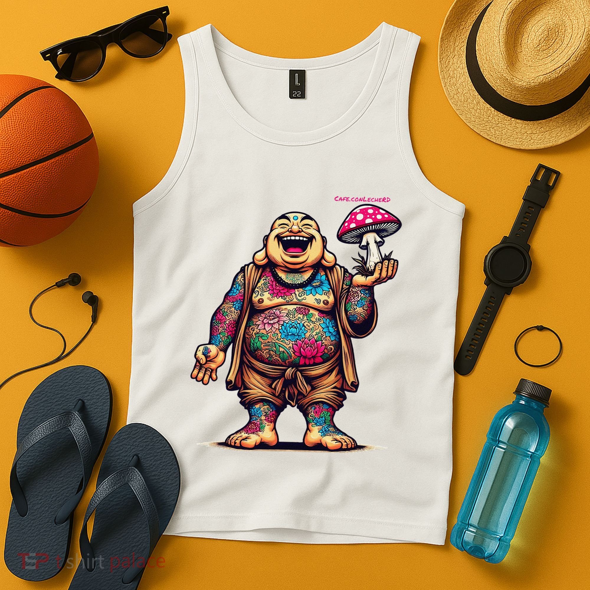 Tattooed Laughing Monk With A Mushroom Tank Top