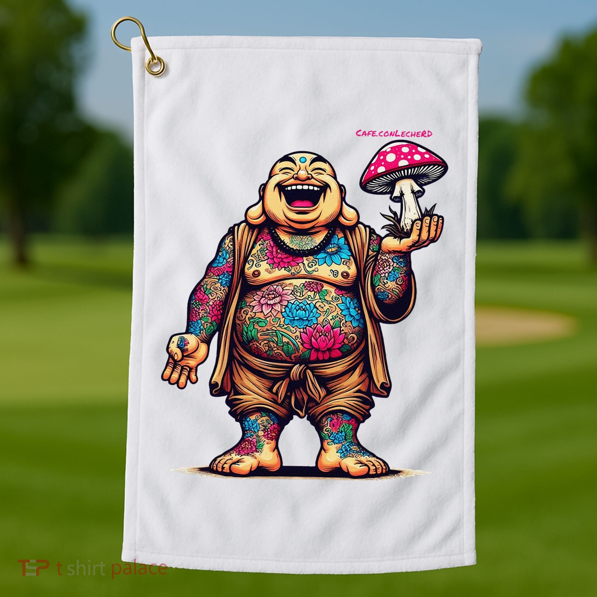 Tattooed Laughing Monk With A Mushroom Golf Towel