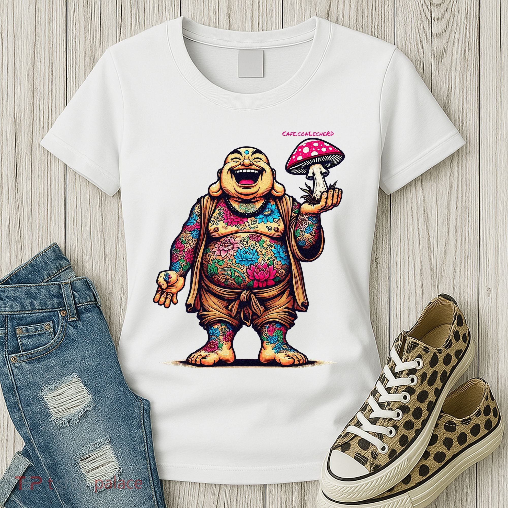 Tattooed Laughing Monk With A Mushroom Women's T-Shirt