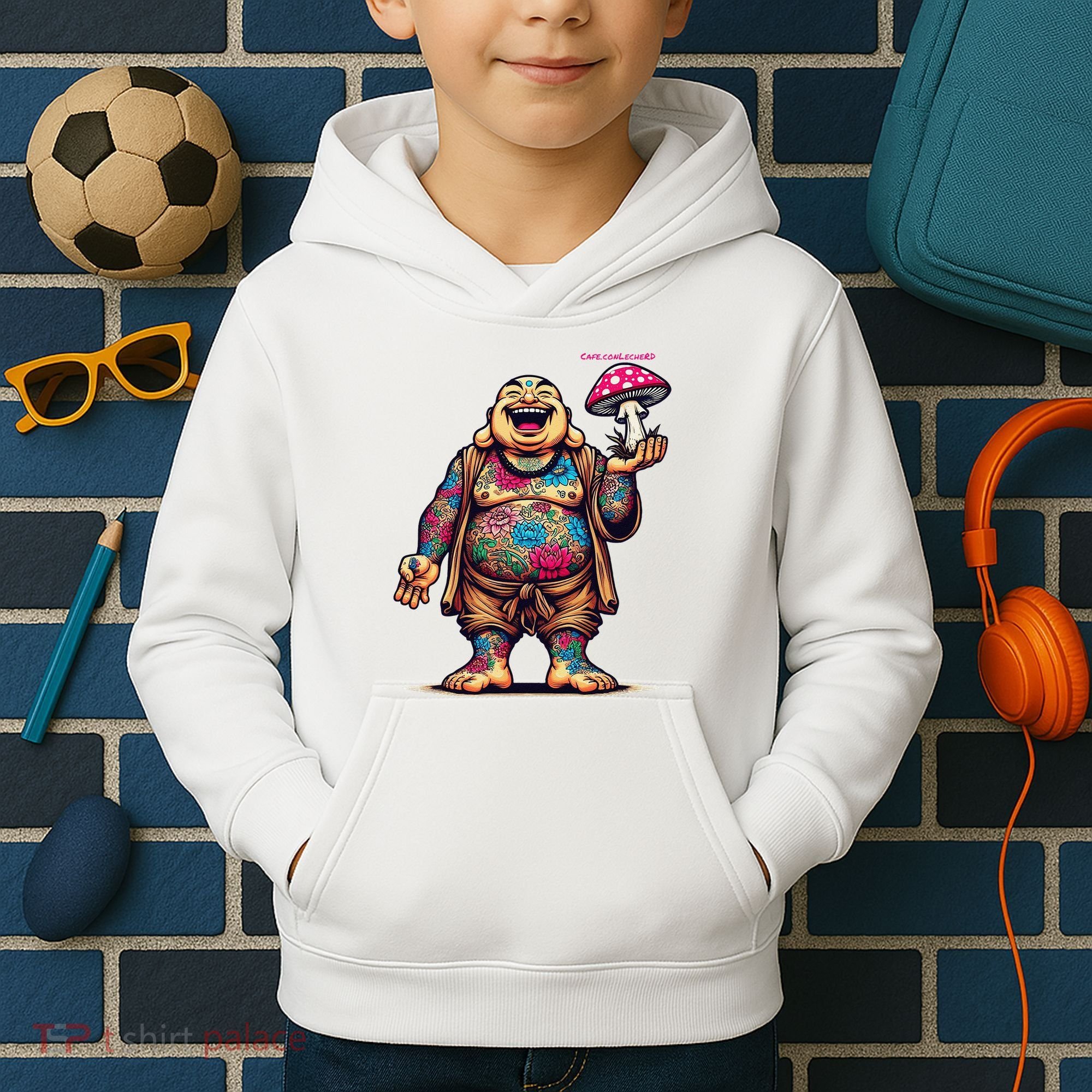 Tattooed Laughing Monk With A Mushroom Kids Hoodie